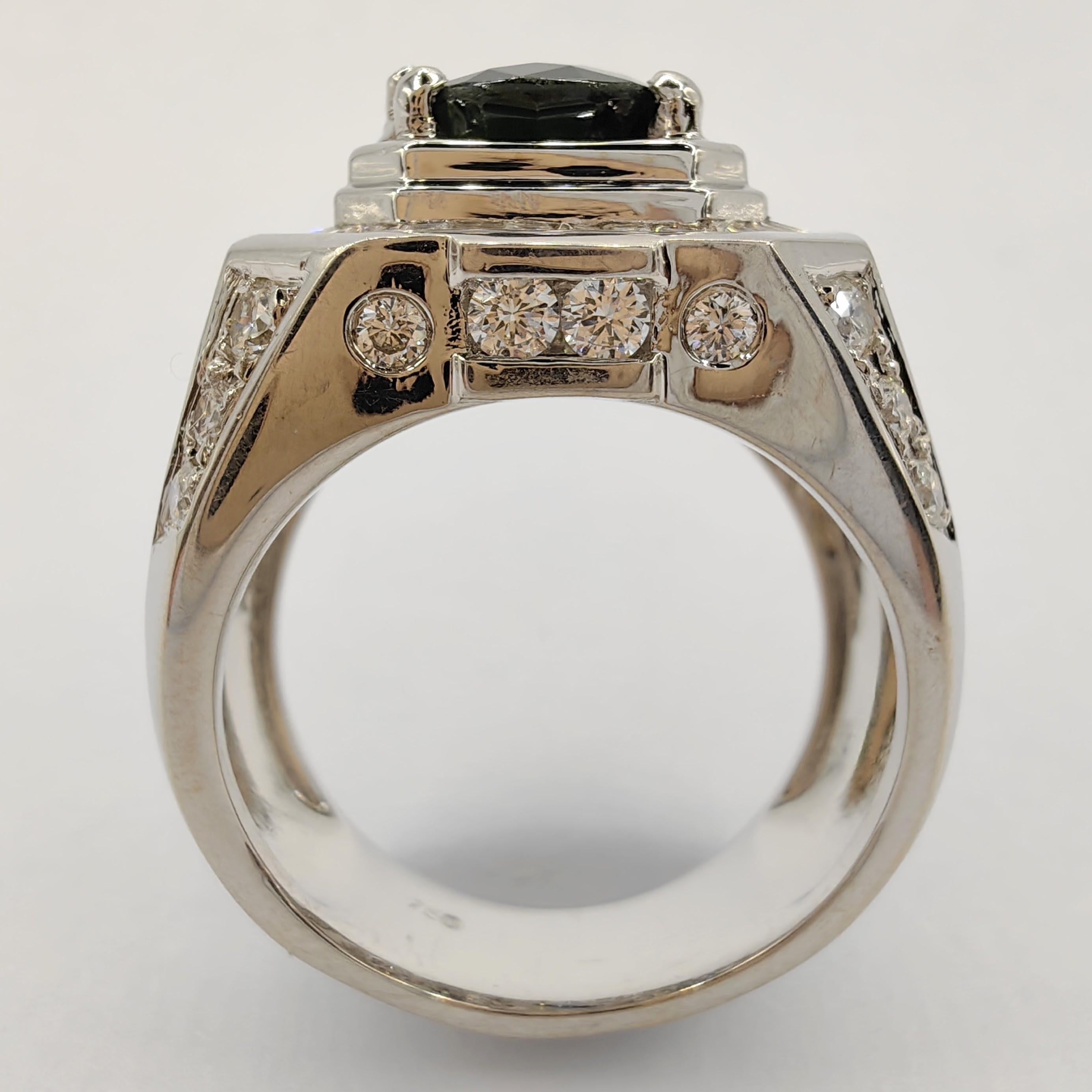 Oval Cut 2.27 Carat Sapphire Diamond Art Deco Men's Ring in 18k White Gold For Sale