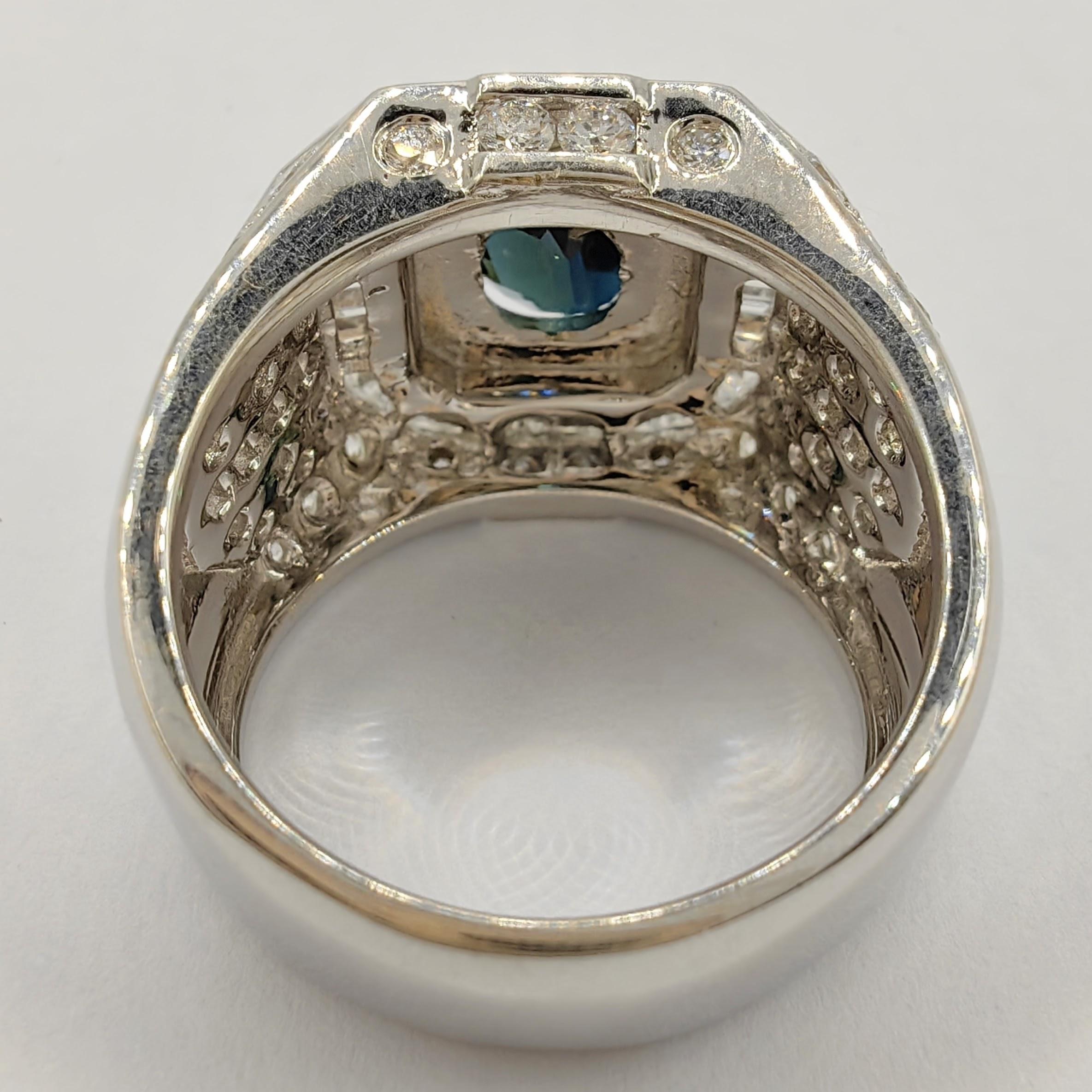 2.27 Carat Sapphire Diamond Art Deco Men's Ring in 18k White Gold In New Condition For Sale In Wan Chai District, HK