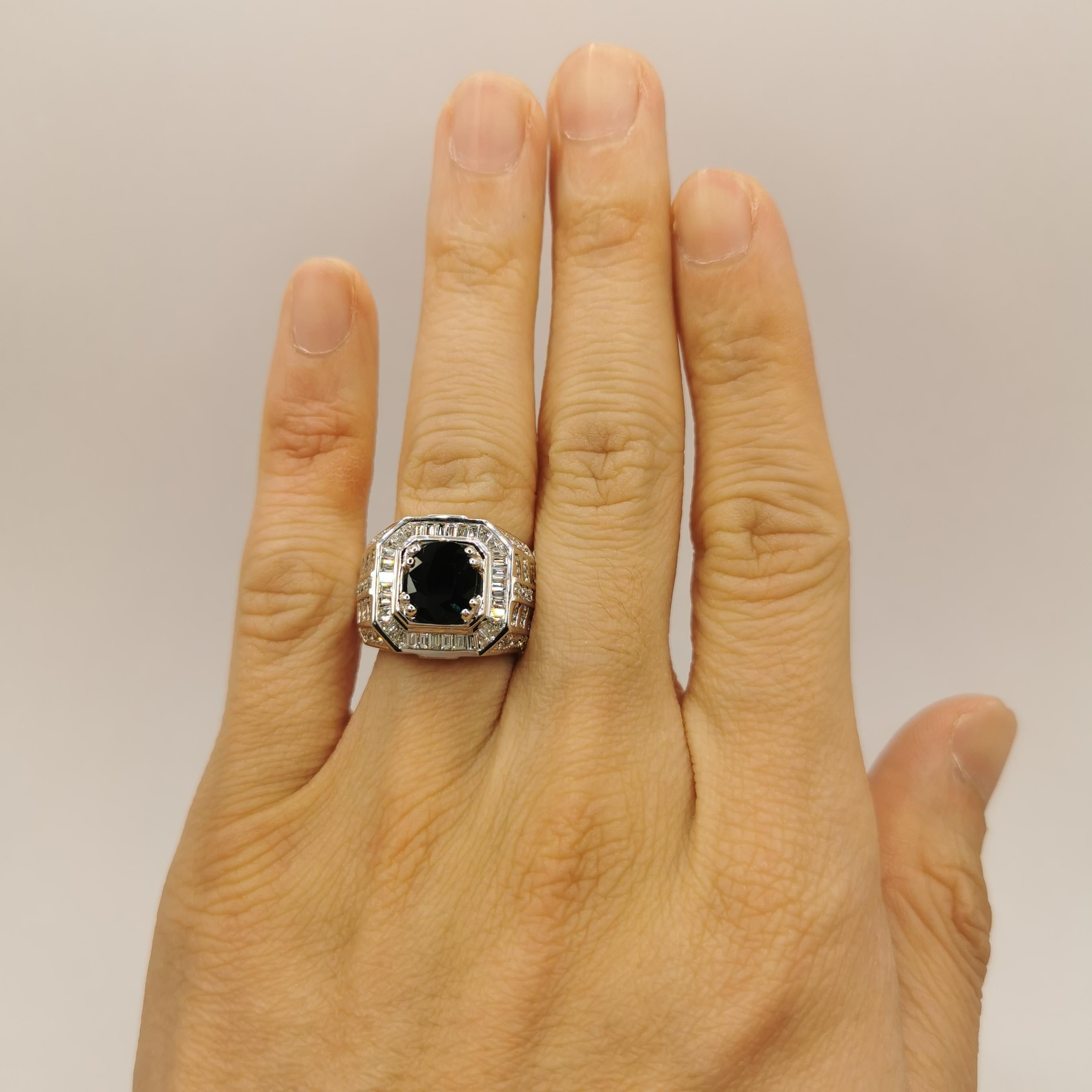2.27 Carat Sapphire Diamond Art Deco Men's Ring in 18k White Gold For Sale 1