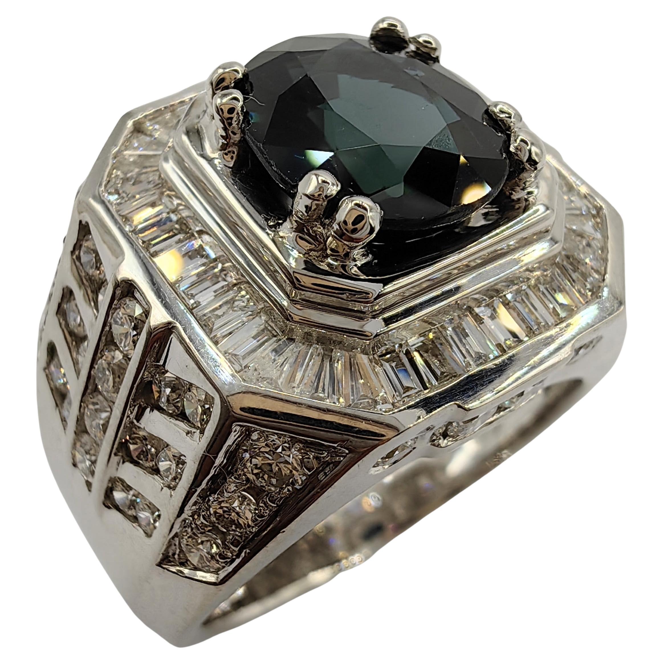 2.27 Carat Sapphire Diamond Art Deco Men's Ring in 18k White Gold