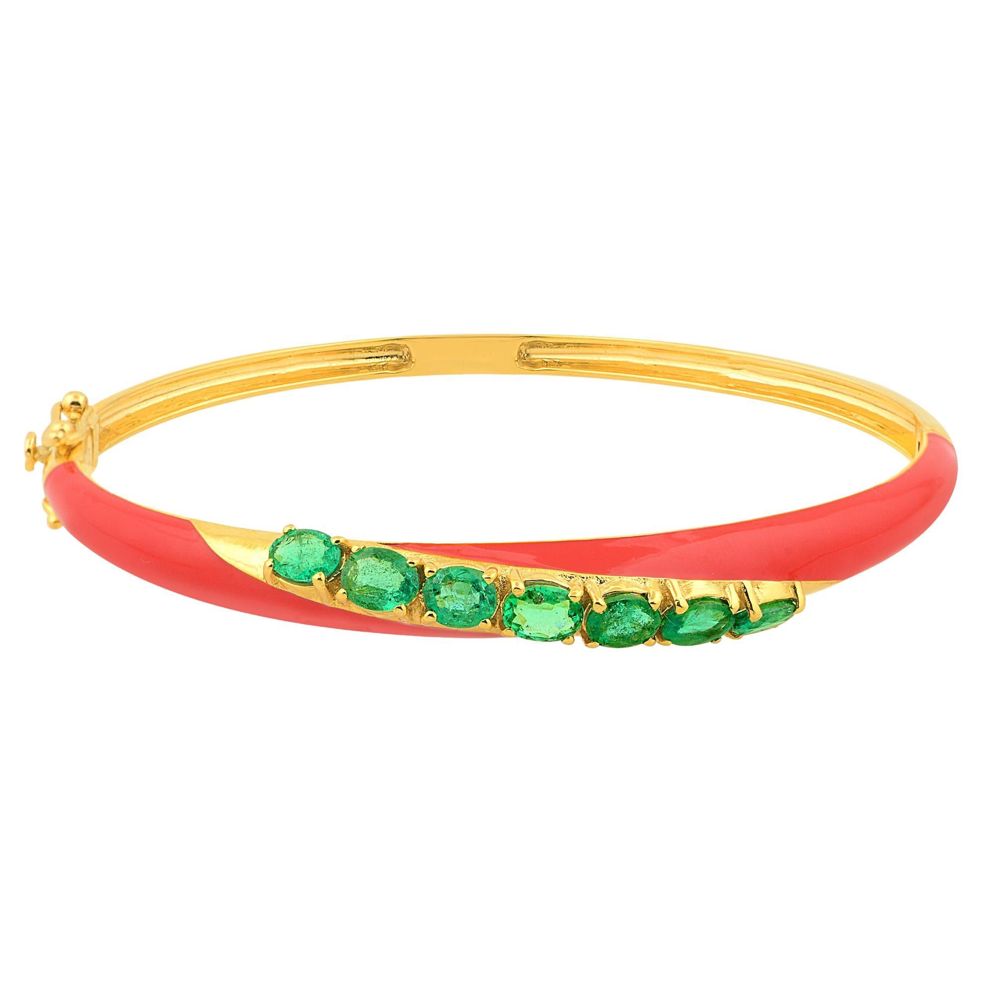 2.27 Carat Natural Emerald Enamel Bangle Bracelet 18 Karat Yellow Gold Jewelry
