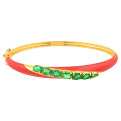 2.27 Carat Natural Emerald Enamel Bangle Bracelet 18 Karat Yellow Gold Jewelry