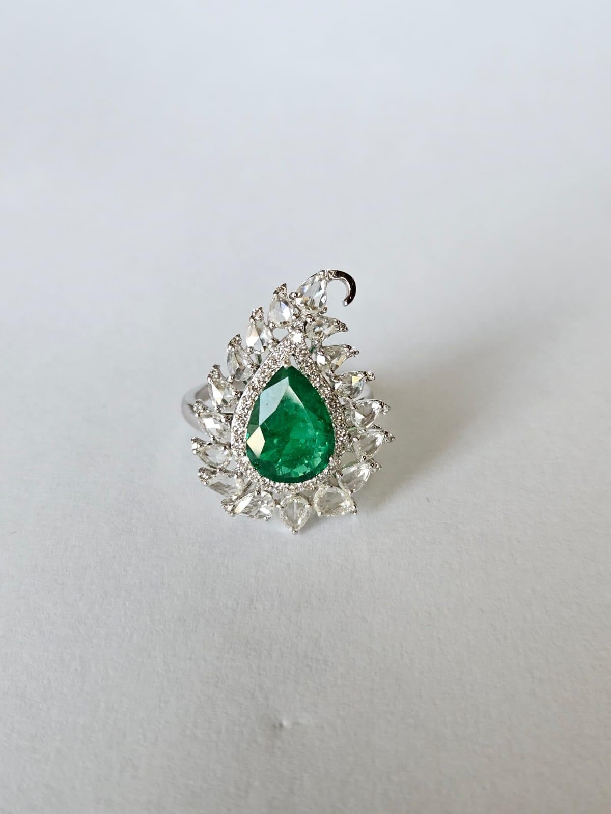 Women's or Men's 2.27 carats natural Zambian Emerald & Rose Cut Diamonds Engagement Cocktail Ring For Sale