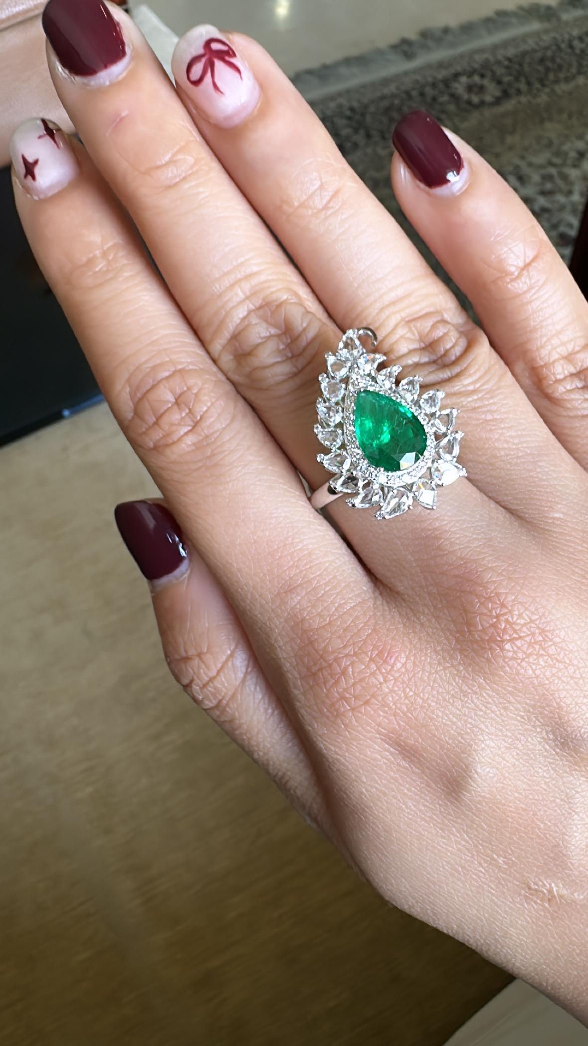 2.27 carats natural Zambian Emerald & Rose Cut Diamonds Engagement Cocktail Ring For Sale 4