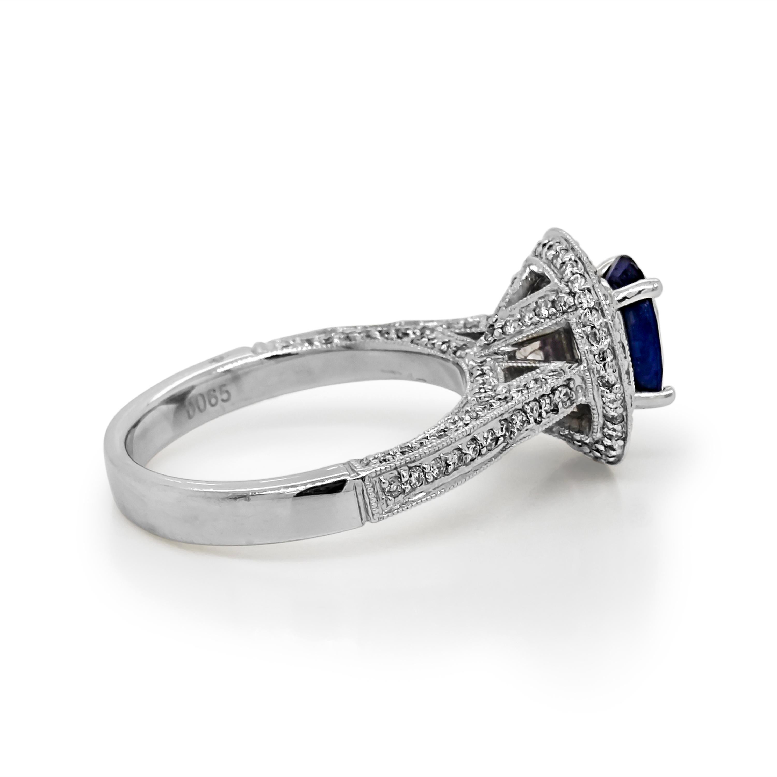 1 Sapphire Gemstone: 1.62 Carats, Oval Cut
158 White Diamonds: 0.65 Carat, Round Cut
Metal: 18K White Gold, 6.00 Grams