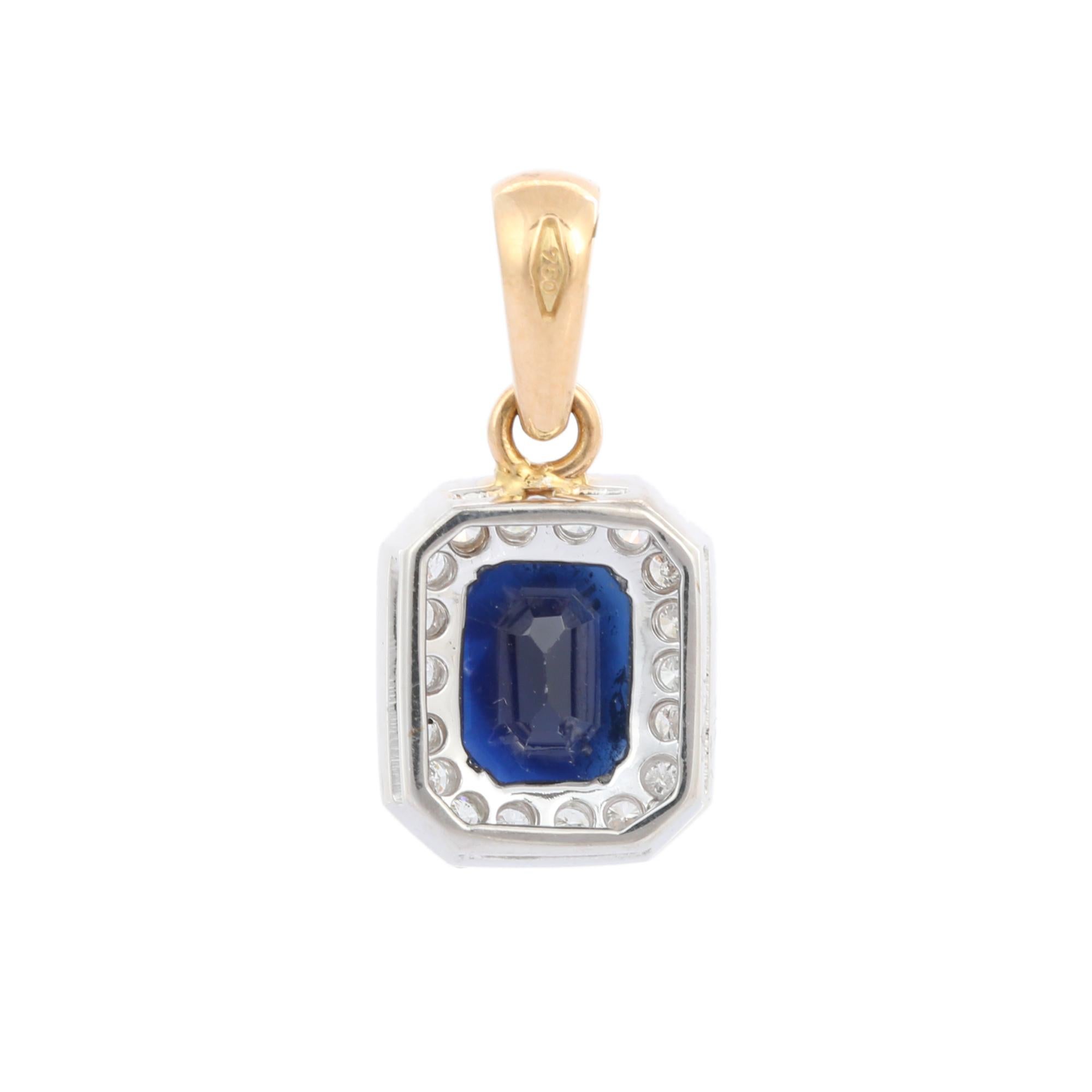 Octagon Cut 2.27 Ct Blue Sapphire Solitaire Pendant with Diamonds in 18K White Gold For Sale