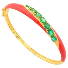 2.27 CTW Zambian Emerald Enamel 18 Karat Yellow Gold Cuff Bracelet