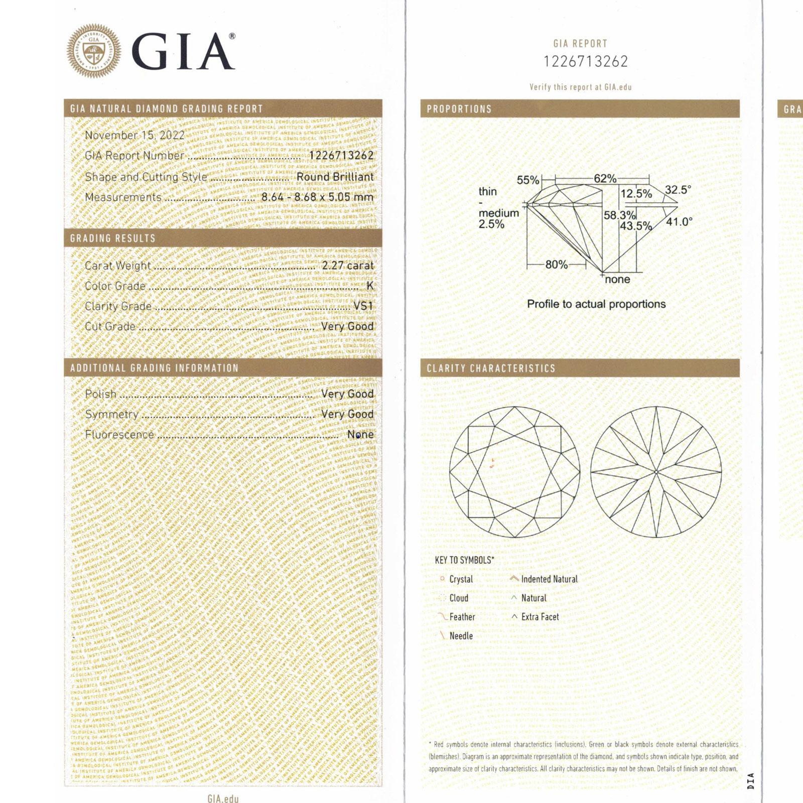 2.27 Round Brilliant Cut Diamond 14K White Gold Engagement Ring GIA Certified For Sale 3