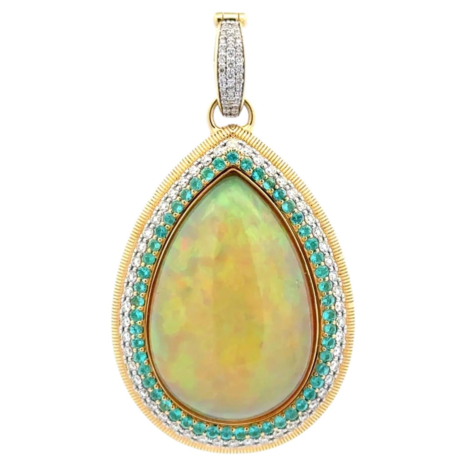 22.70 Carat Ethiopian Opal with Halo Paraiba and Diamond Gold Vintage Pendant For Sale