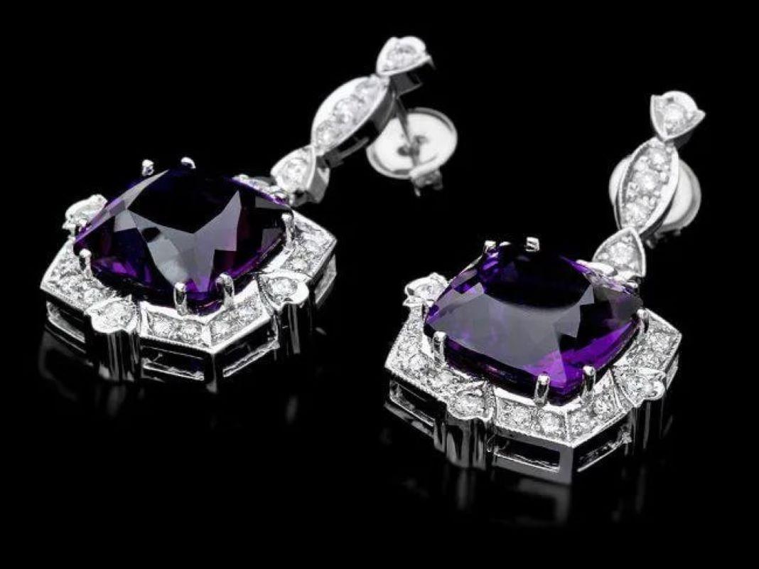 Mixed Cut 22.70ct Natural Amethyst and Diamond 14K Solid White Gold Earrings For Sale
