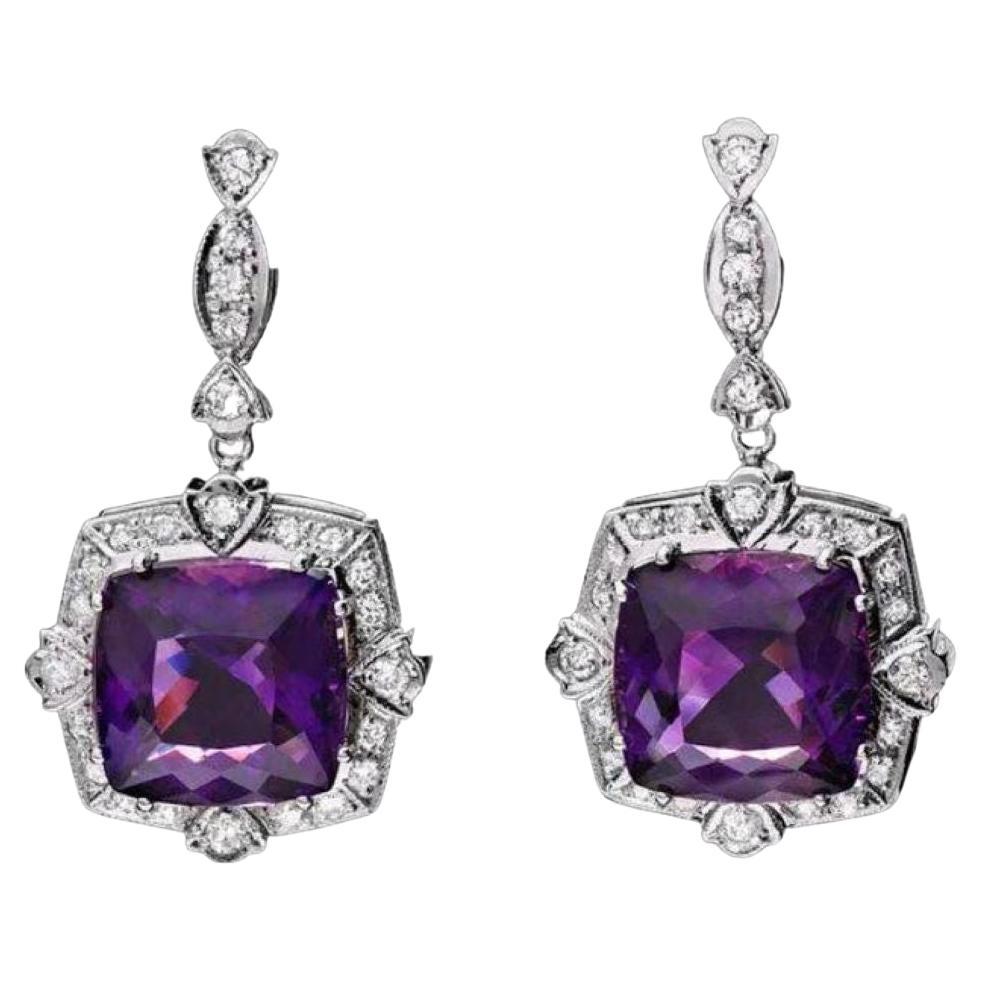 22.70ct Natural Amethyst and Diamond 14K Solid White Gold Earrings For Sale