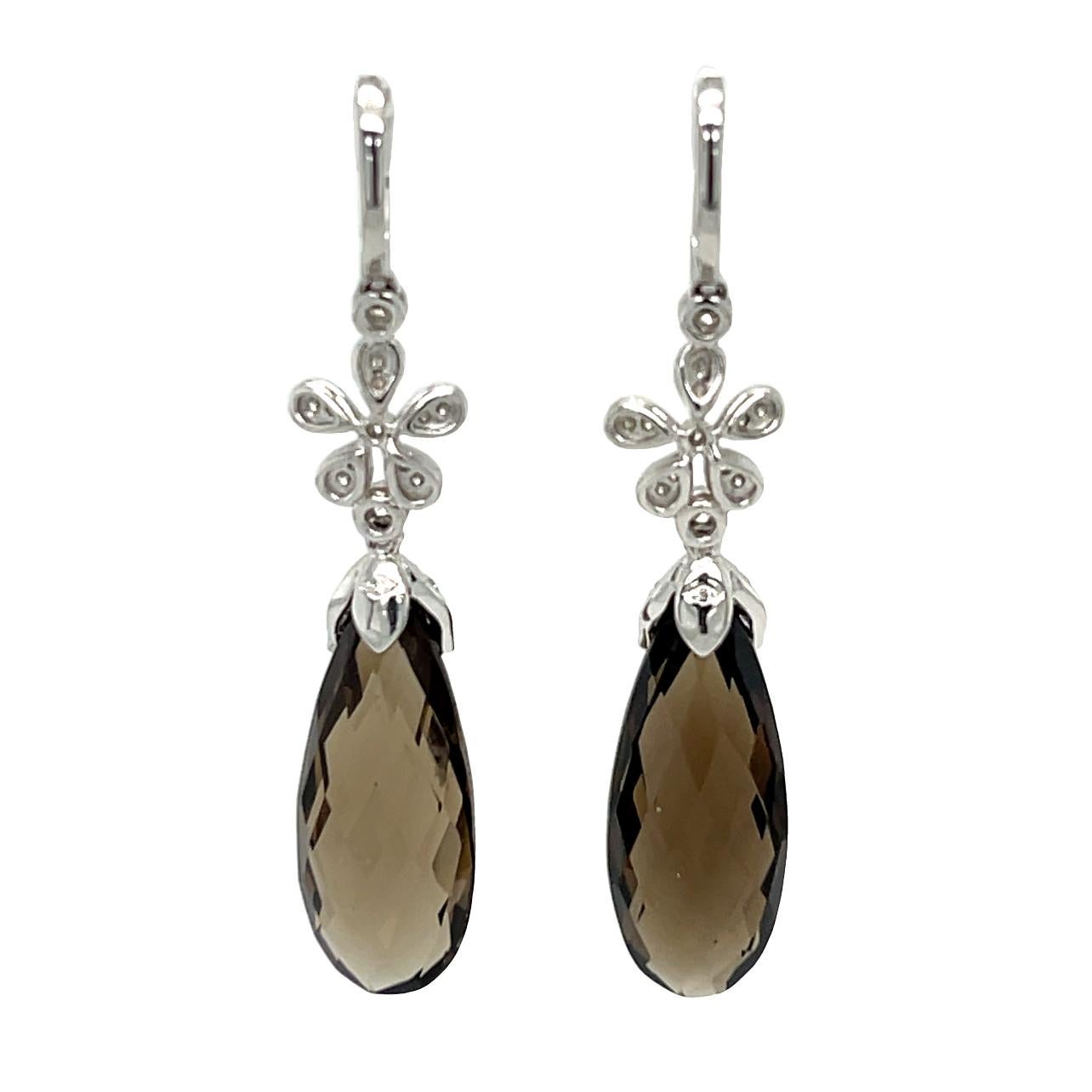 Topaze fumée Briolette Checkerboard 22,72 carats  Boucles d'oreilles avec diamants en 14KWG Pour femmes en vente