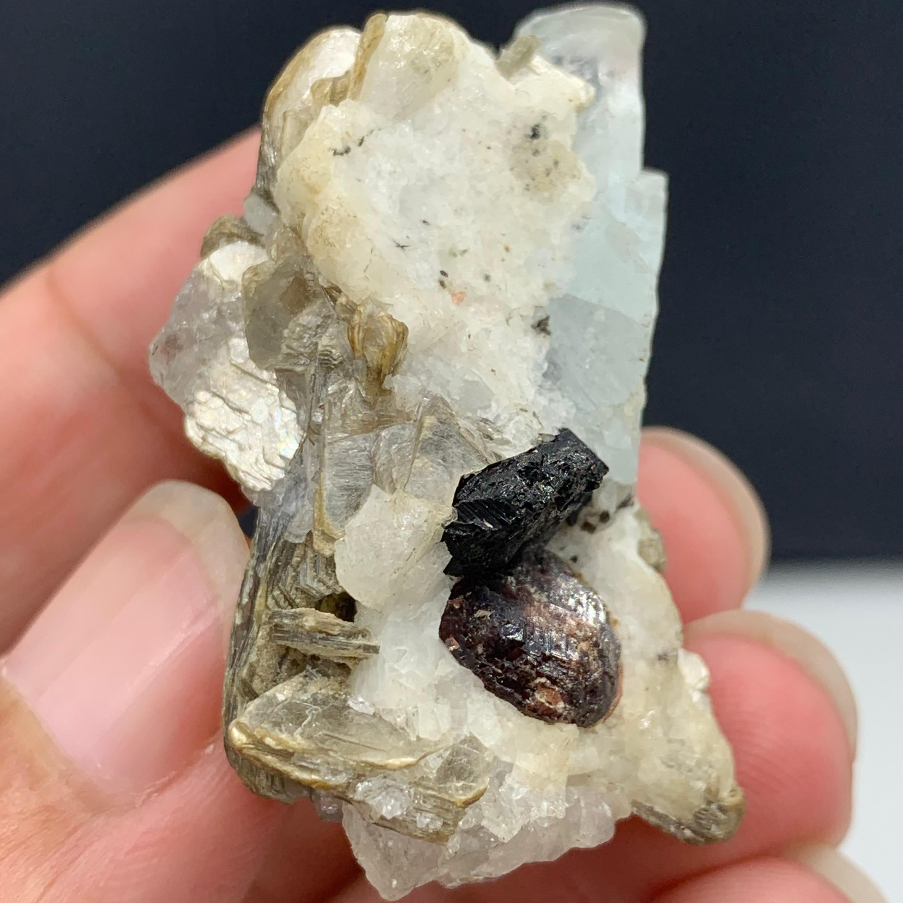 Rock Crystal 22.75 Gram Gorgeous Aquamarine Specimen Attach With Garnet And Muscovite  For Sale