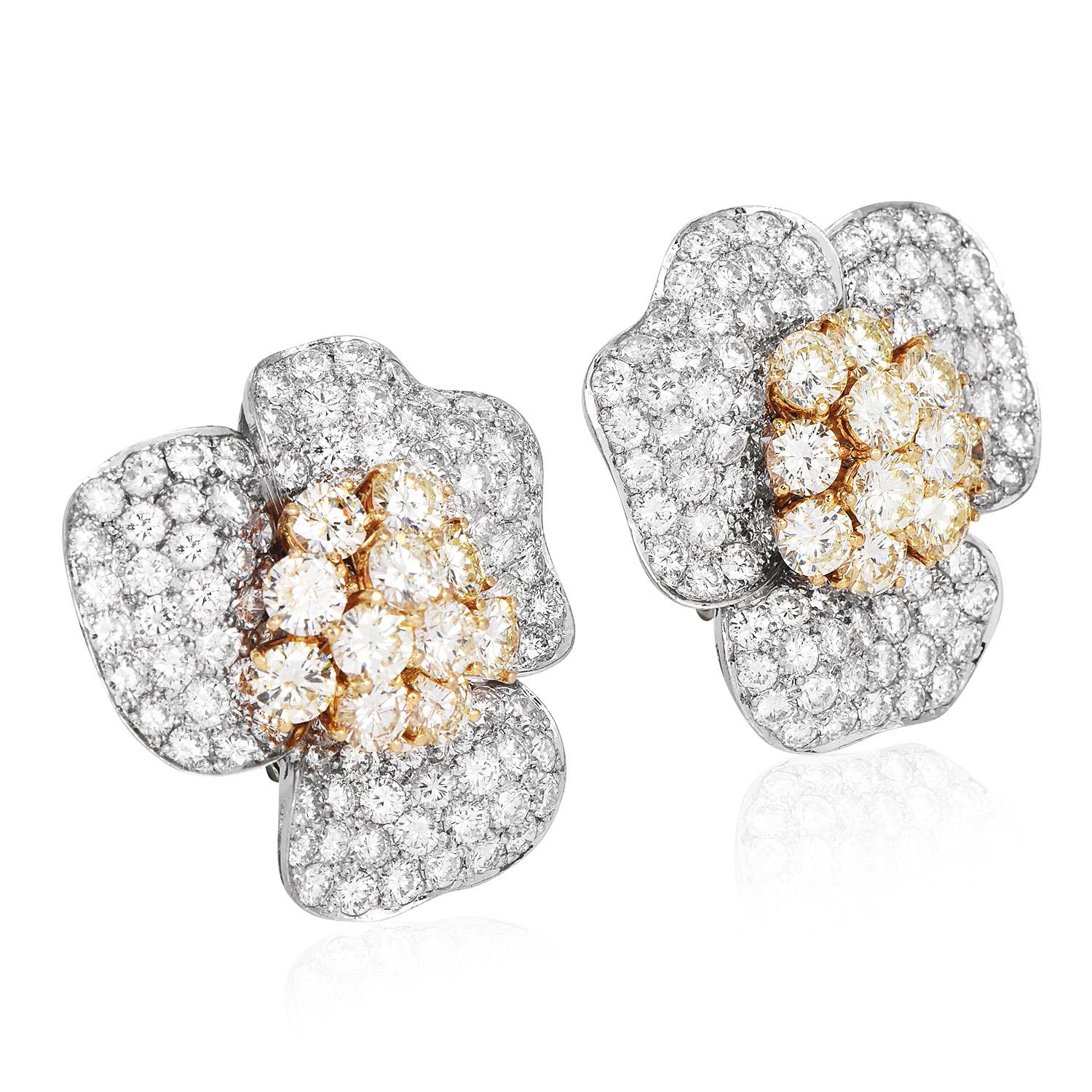 Retro 22.76 Carats Yellow Diamond 18K Gold Flower Cluster Large Clip On Earrings For Sale