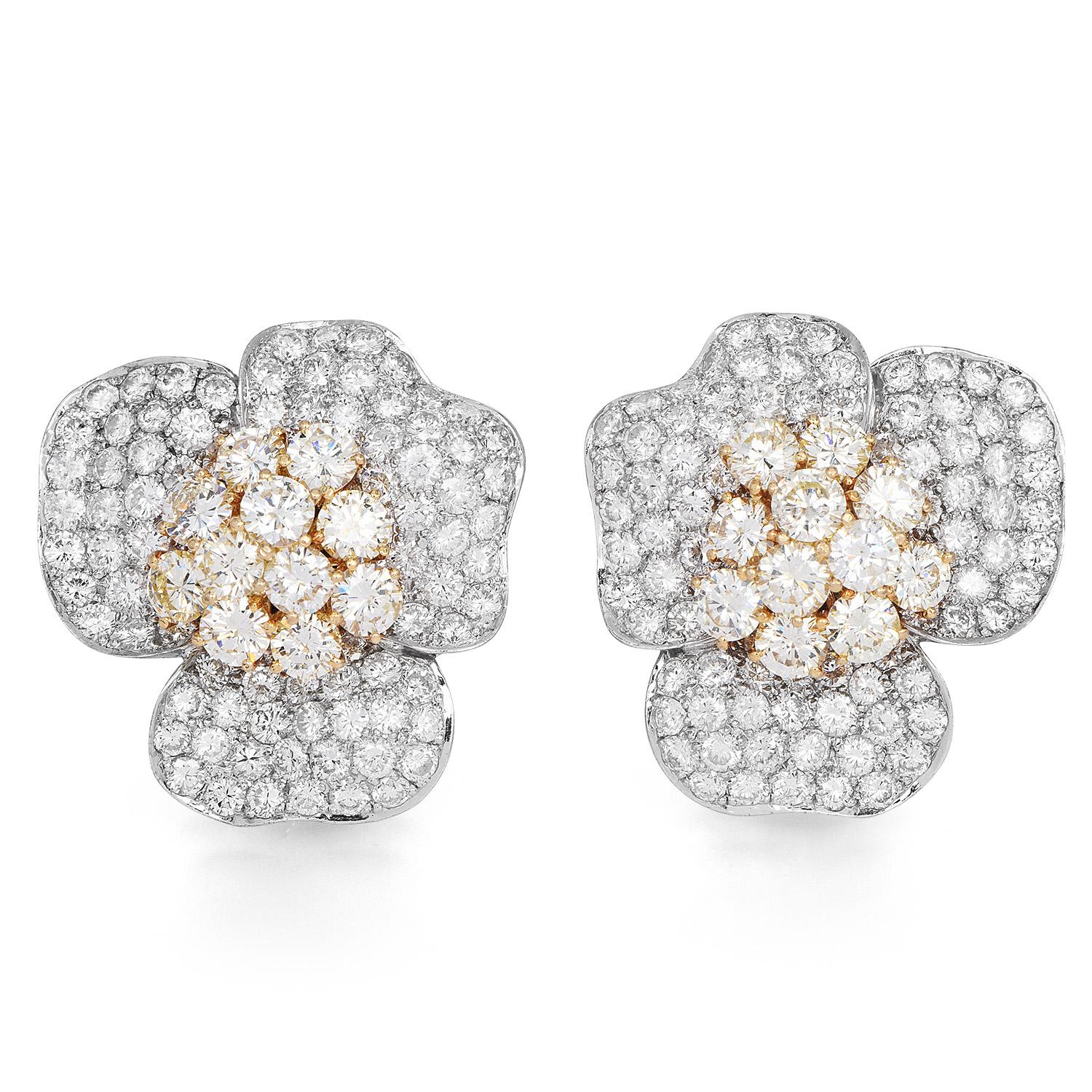 Round Cut 22.76 Carats Yellow Diamond 18K Gold Flower Cluster Large Clip On Earrings For Sale
