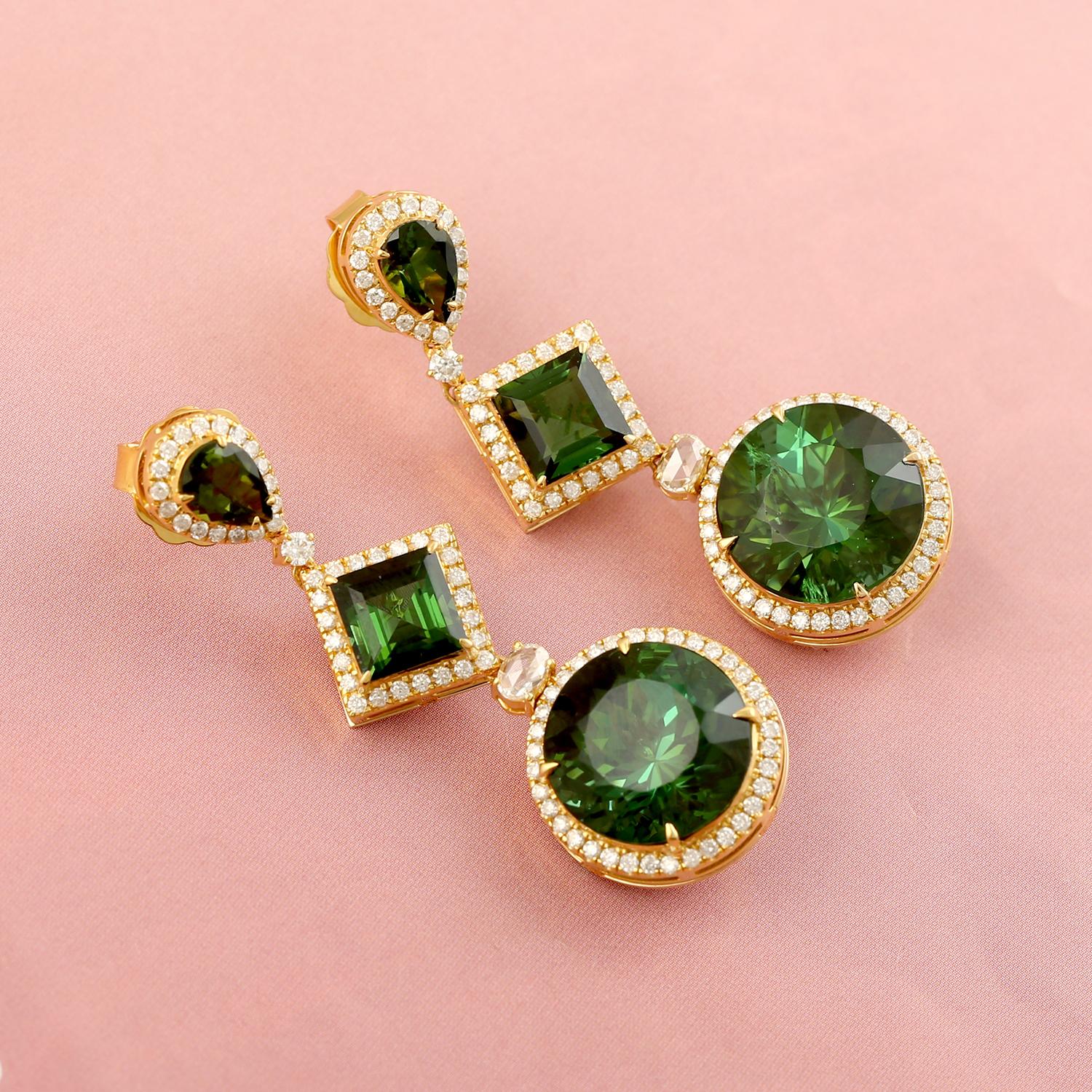 Contemporary 22.78 Carats Green Tourmaline Diamond 14 Karat Gold Tiered Drop Earrings For Sale