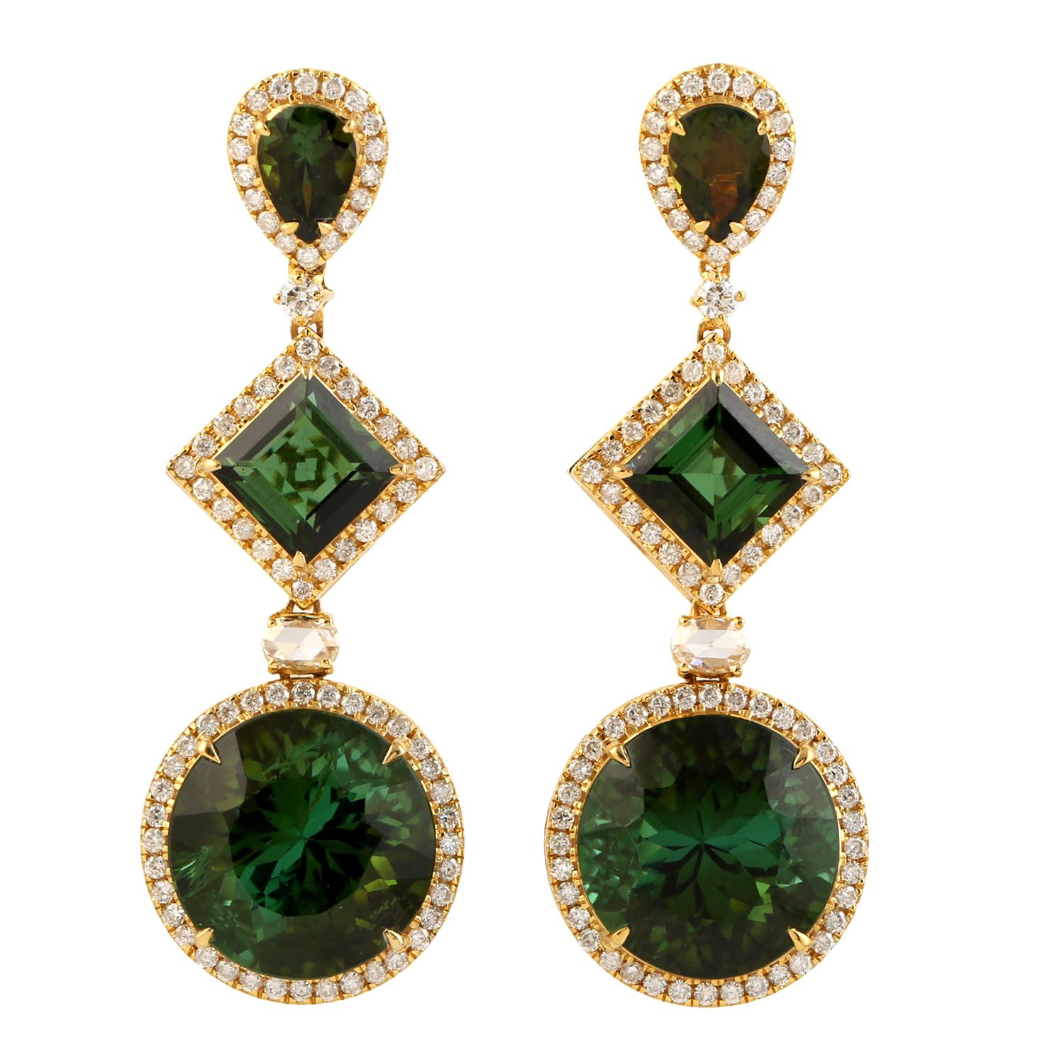 Mixed Cut 22.78 Carats Green Tourmaline Diamond 14 Karat Gold Tiered Drop Earrings For Sale