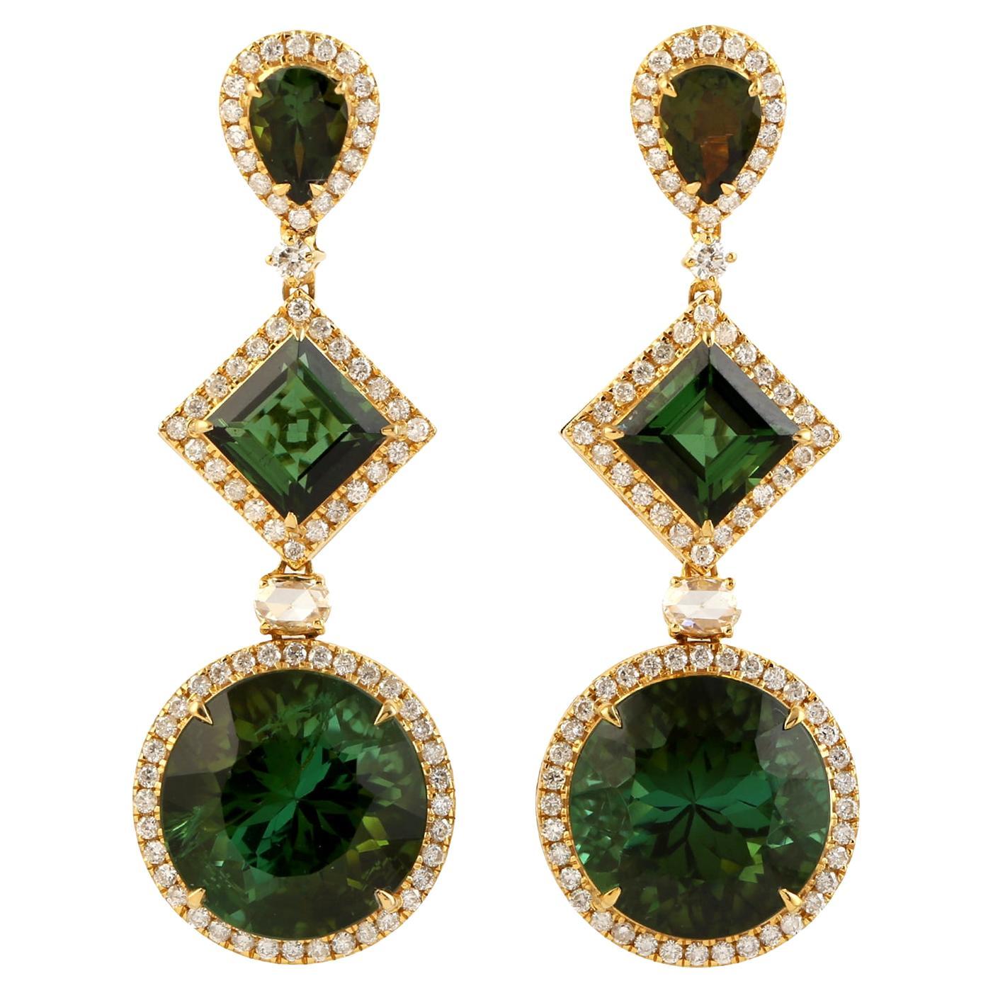22.78 Carats Green Tourmaline Diamond 14 Karat Gold Tiered Drop Earrings