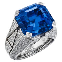 22.79 Carat Assher Brilliant Statement Royal Blue Sapphire  Gold  Diamond Ring