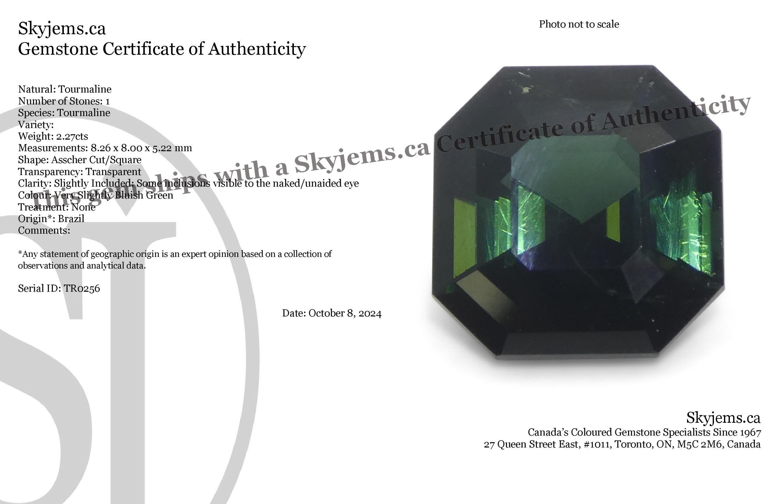 Description :

Type de gemme : Tourmaline 
Nombre de pierres : 1
Poids : 2,27 cts
Dimensions : 8,26 x 8,00 x 5,22 mm
Forme : Coupe Asscher/Carré
Style de coupe : 
Coupe de la couronne de style : Coupe en escalier
Pavillon des styles de coupe : Coupe