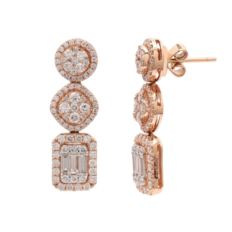 2.27ct Diamond Dangle Earrings with Push Back Lock in 14K Rose