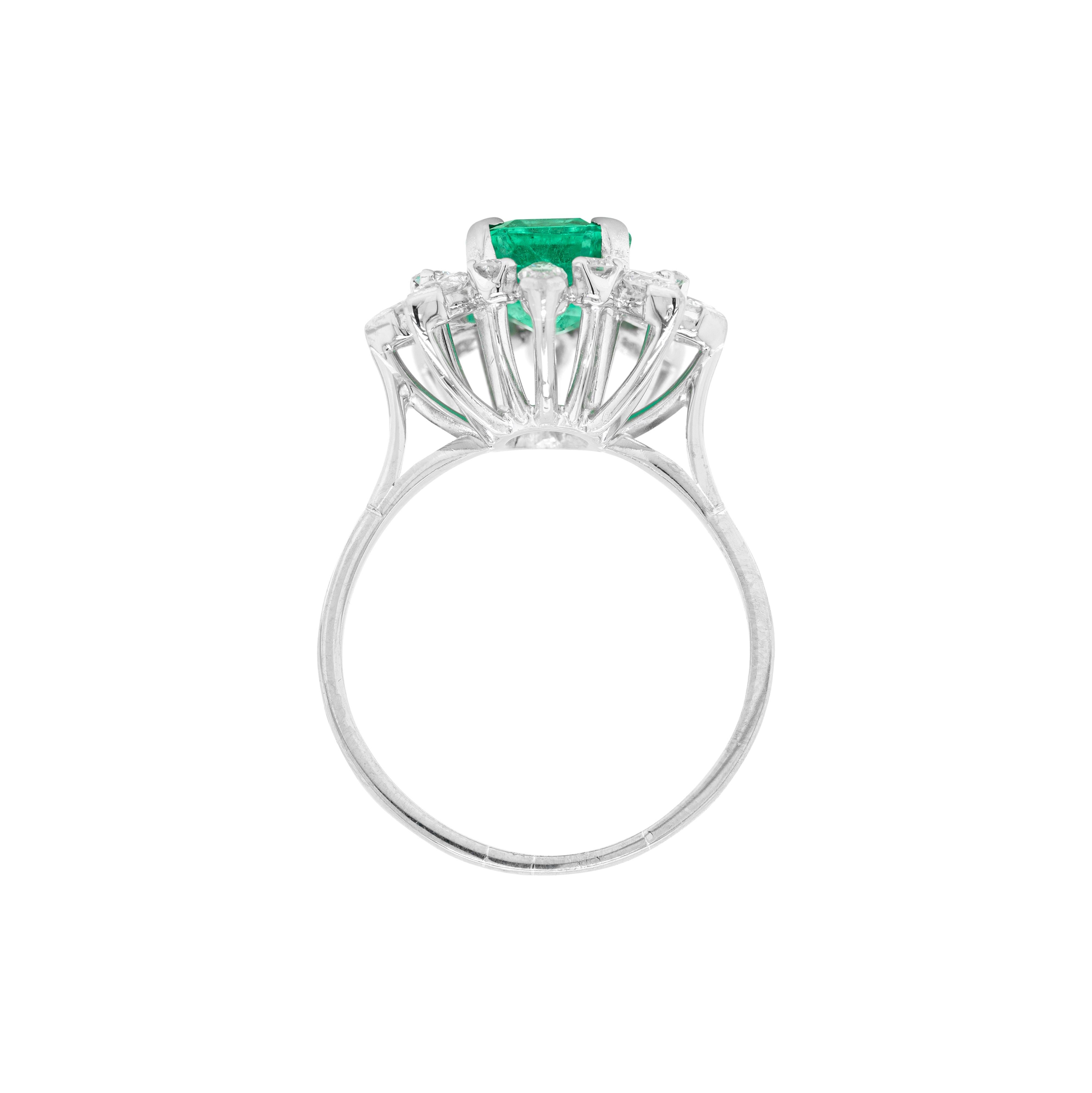Retro 2.27ct Emerald and Diamond Cluster 18 Carat White Gold Engagement Ring, c. 1960s