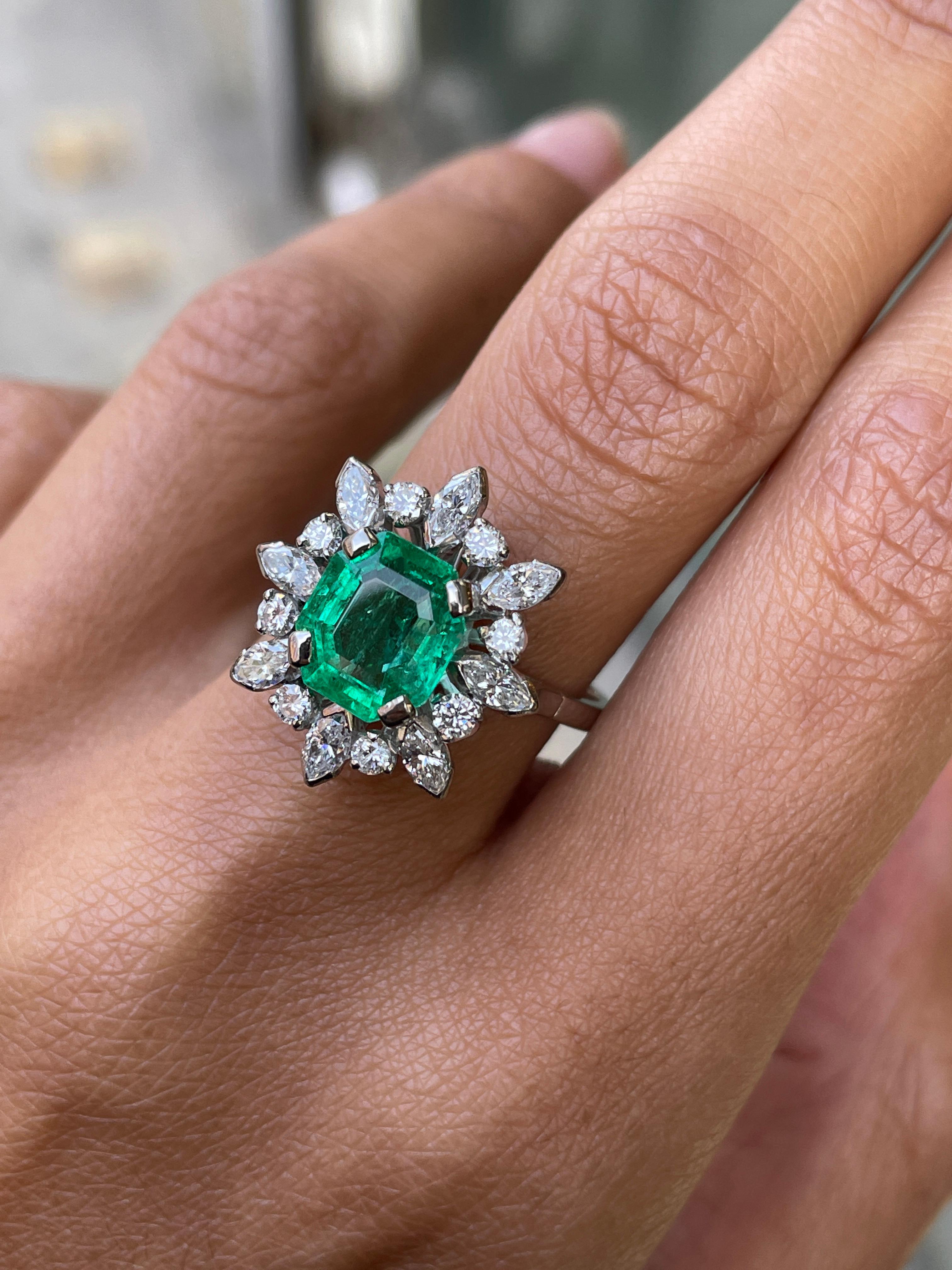 Square Cut 2.27ct Emerald and Diamond Cluster 18 Carat White Gold Engagement Ring, c. 1960s