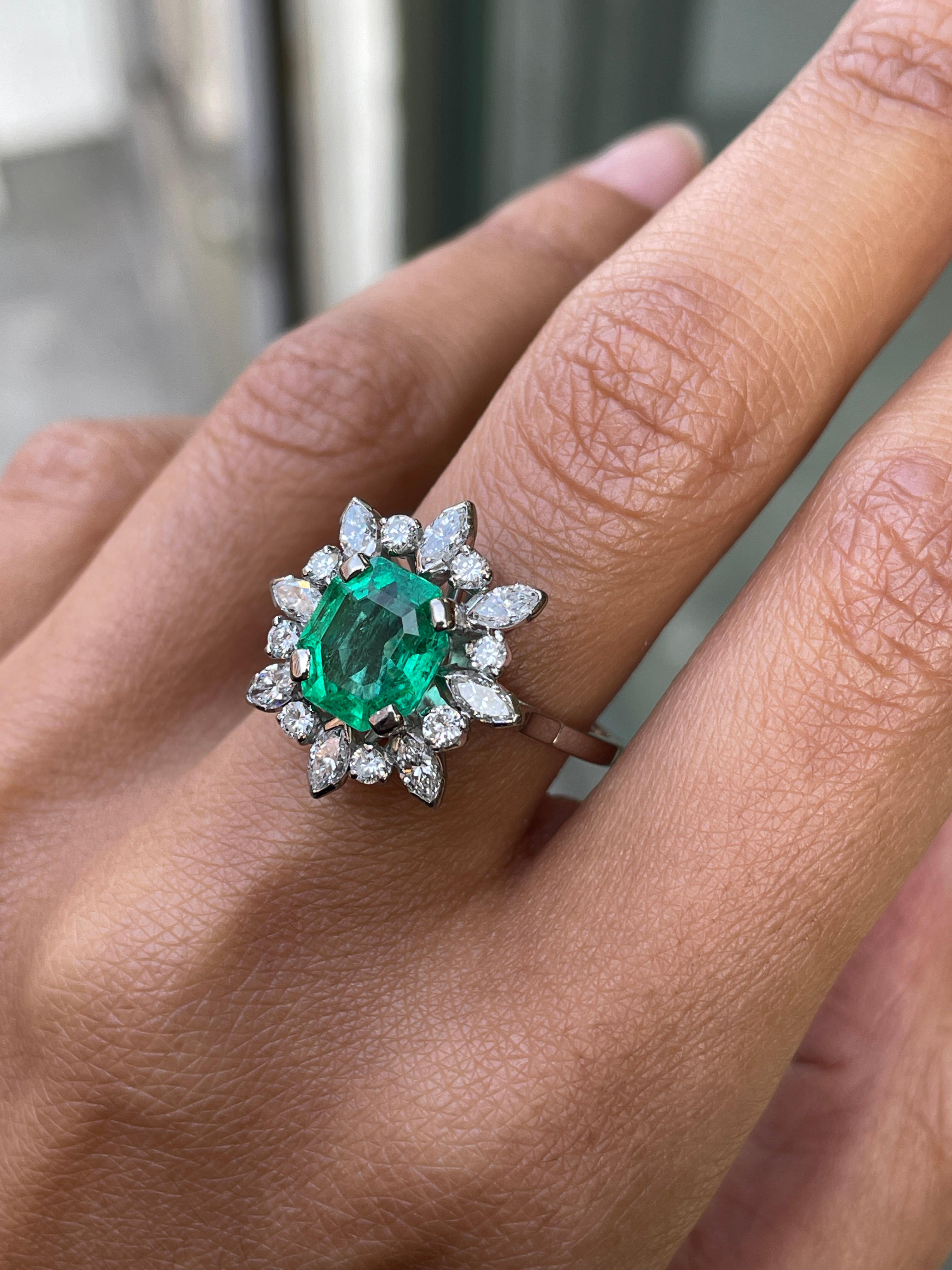2.27ct Emerald and Diamond Cluster 18 Carat White Gold Engagement Ring, c. 1960s In Excellent Condition In London, GB