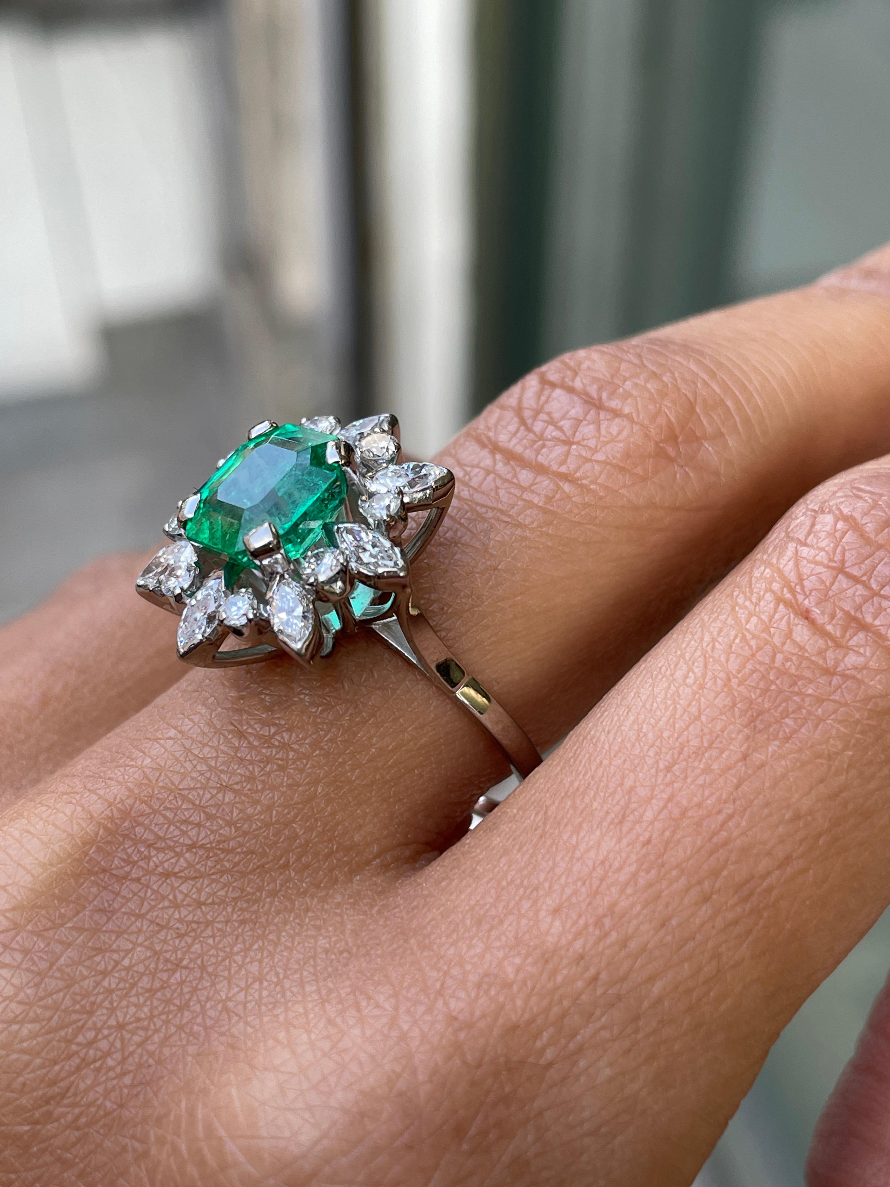 Women's or Men's 2.27ct Emerald and Diamond Cluster 18 Carat White Gold Engagement Ring, c. 1960s
