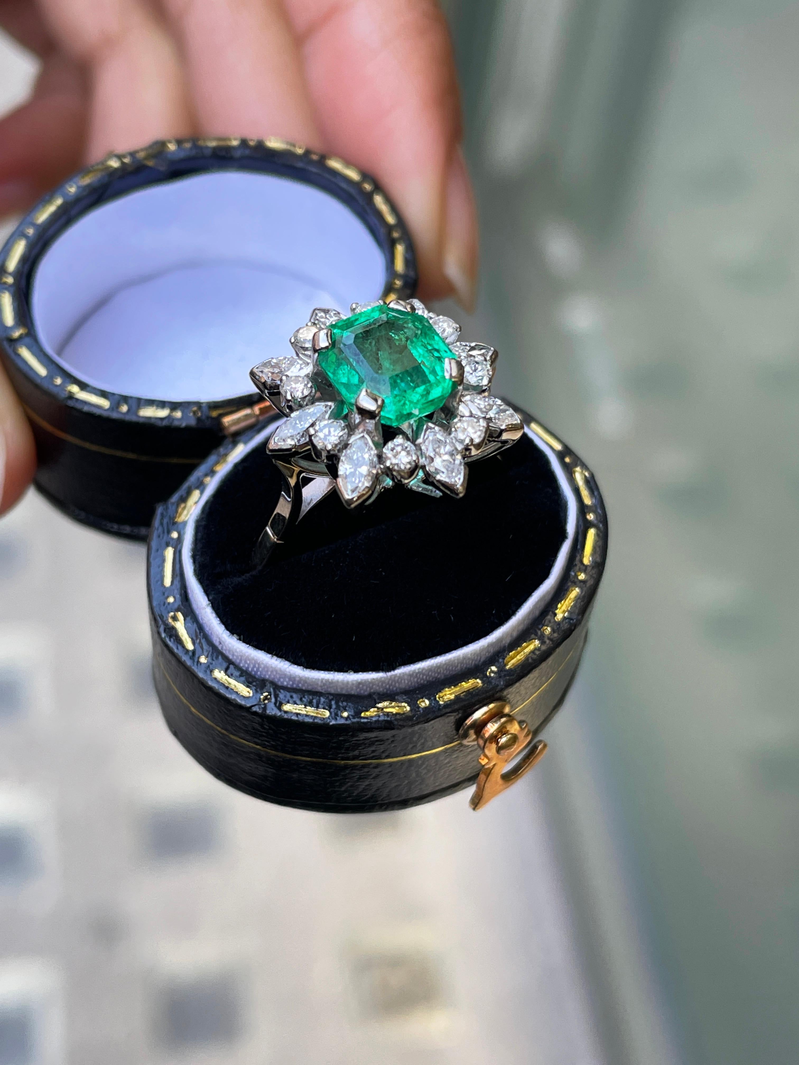 2.27ct Emerald and Diamond Cluster 18 Carat White Gold Engagement Ring, c. 1960s 2