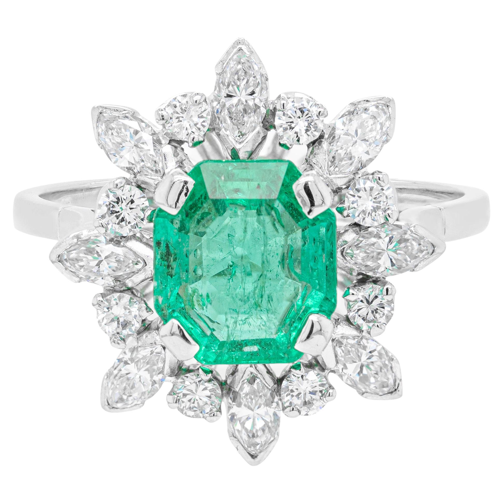 2.27ct Emerald and Diamond Cluster 18 Carat White Gold Engagement Ring, c. 1960s