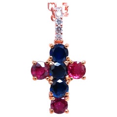 2.27 Carat Natural Ruby Sapphire Diamond Cross Pendant Necklace 14kt Rose Gold