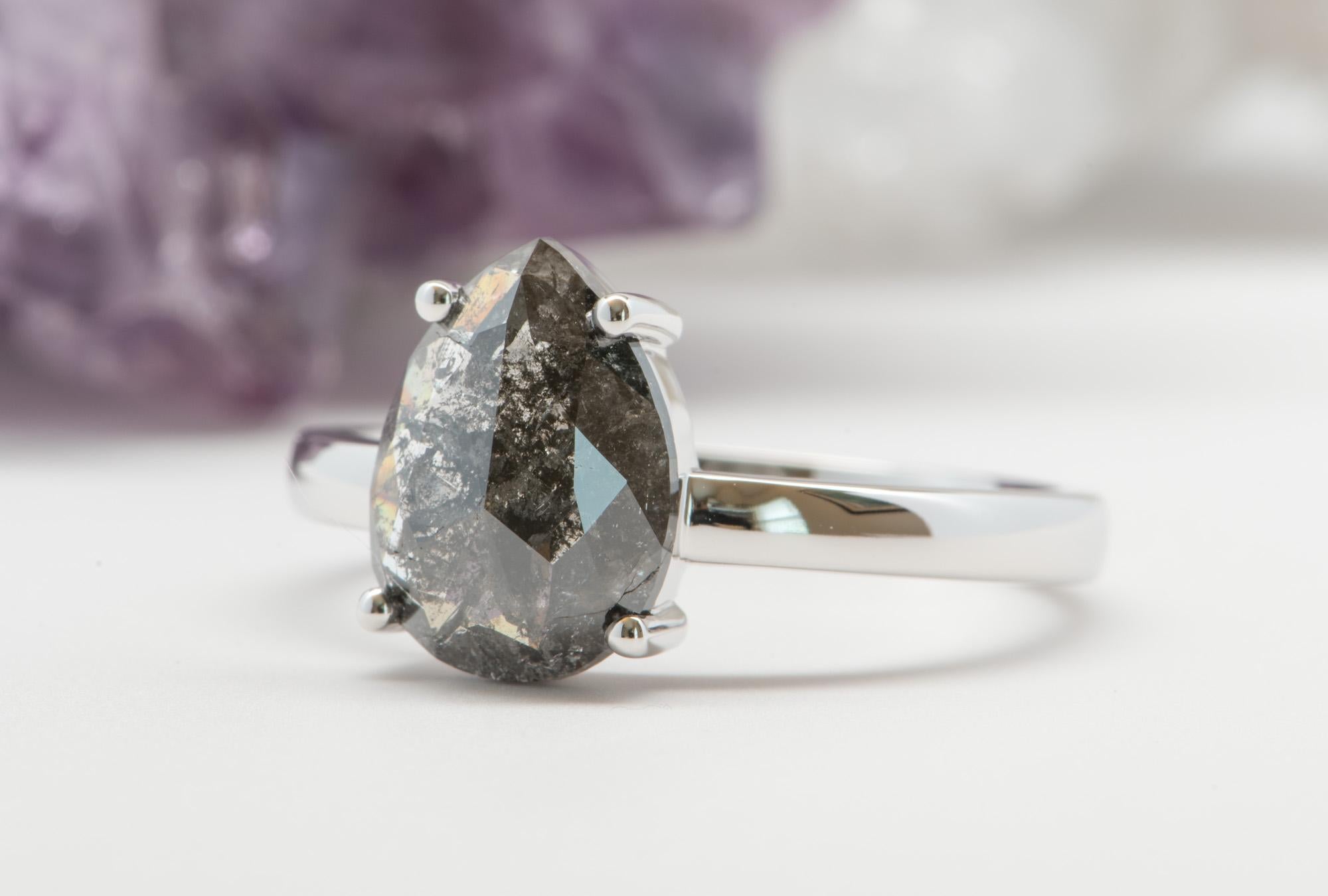 2.27ct Pear-Shaped Salt and Pepper Diamond Solitaire 14K Gold Engagement Ring In New Condition In Osprey, FL