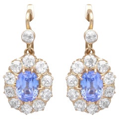 Antique 2.27Ct Sapphire and 2.52Ct Diamond, 18k Yellow Gold Drop Earrings Circa 1920