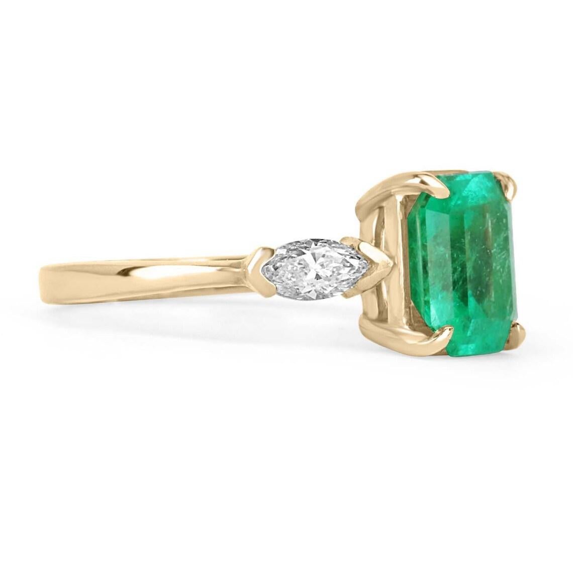 A classic Colombian emerald and diamond engagement, statement, or right-hand ring. Dexterously crafted in gleaming 18K gold this ring features a natural emerald cut from the famous Muzo mines of Colombia. Set in a secure prong setting, this