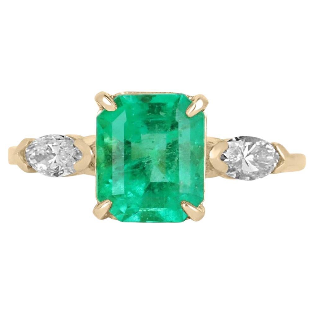 2.27tcw 18K Three Stone Emerald & Marquise Diamond Ring For Sale