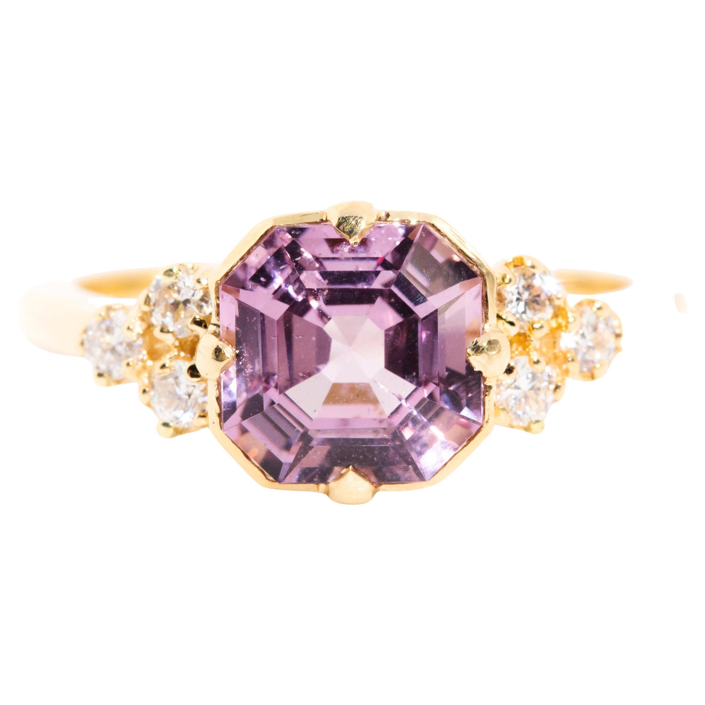 2.28 Carat Asscher Cut Purple Spinel and Diamond 18 Carat Gold Cluster Ring For Sale