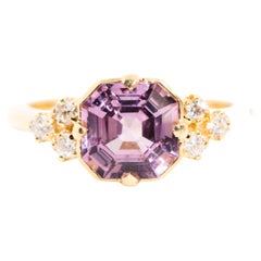 2.28 Carat Asscher Cut Purple Spinel and Diamond 18 Carat Gold Cluster Ring