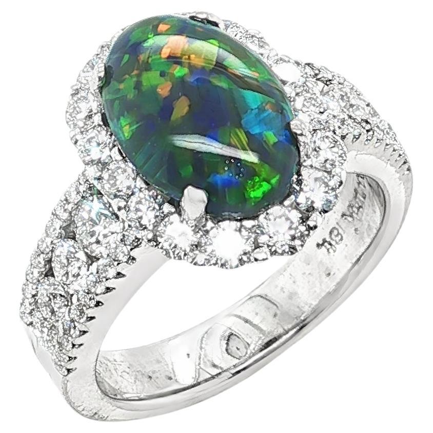 2.28 Carat Australian Black Opal, Diamond Halo Cocktail Ring in 18k White Gold For Sale