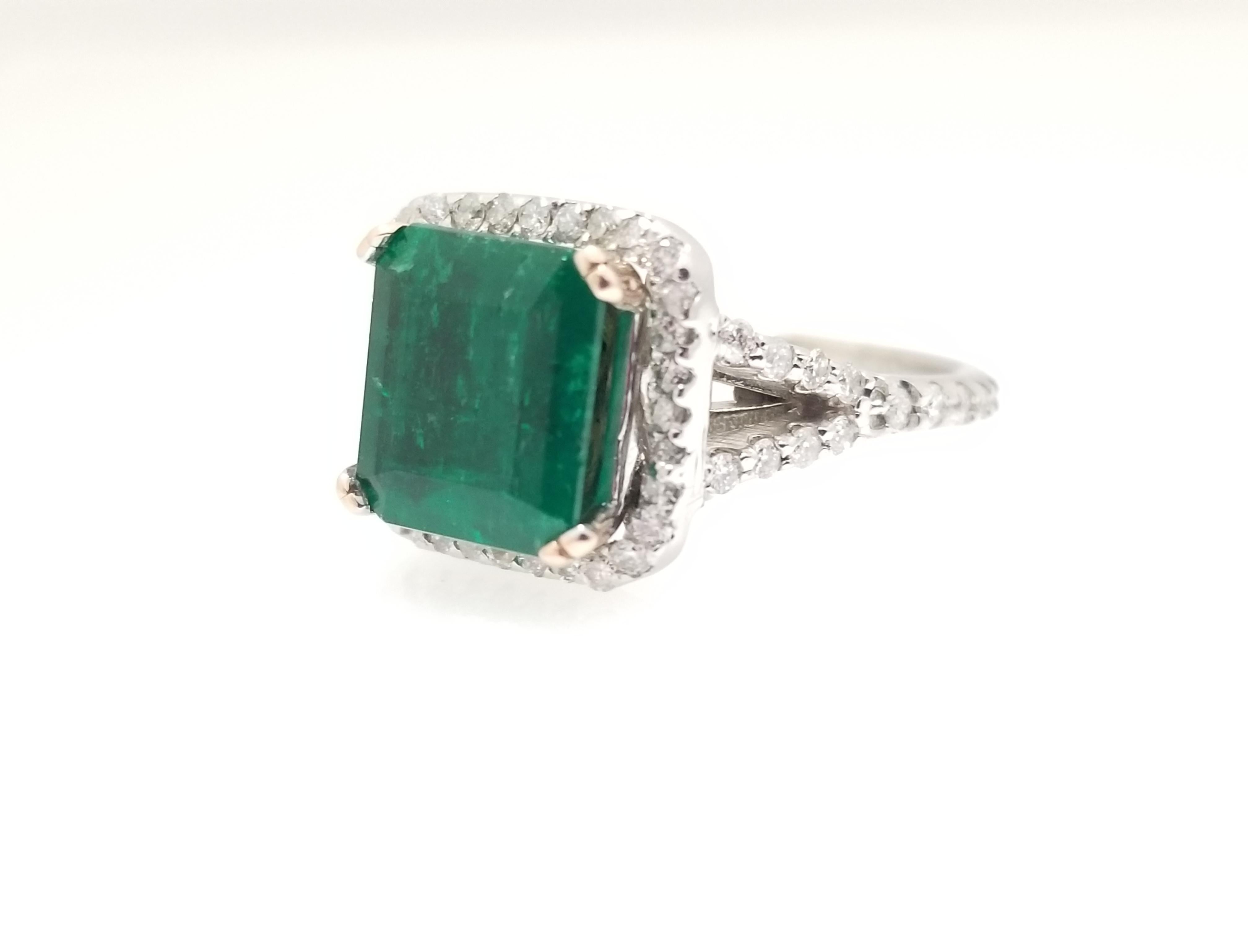 Emerald Cut 2.28 Carat Colombian Emerald and Diamond Ring