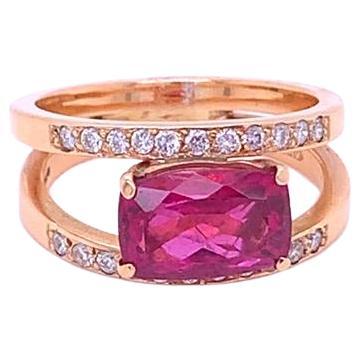 2.28 Carat Cushion Cut Pink Tourmaline and Diamond Ring in 18K Yellow Gold