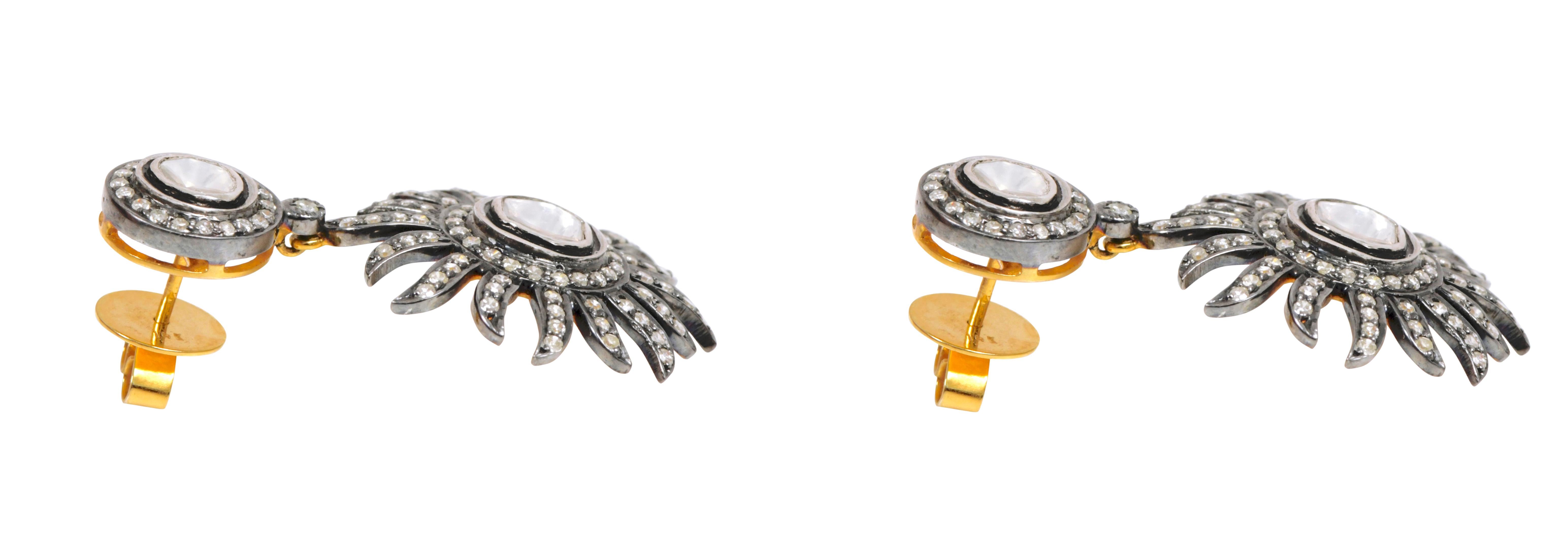 Uncut 2.28 Carat Diamond Sunburst Dangle Earrings in Art-Deco Style For Sale