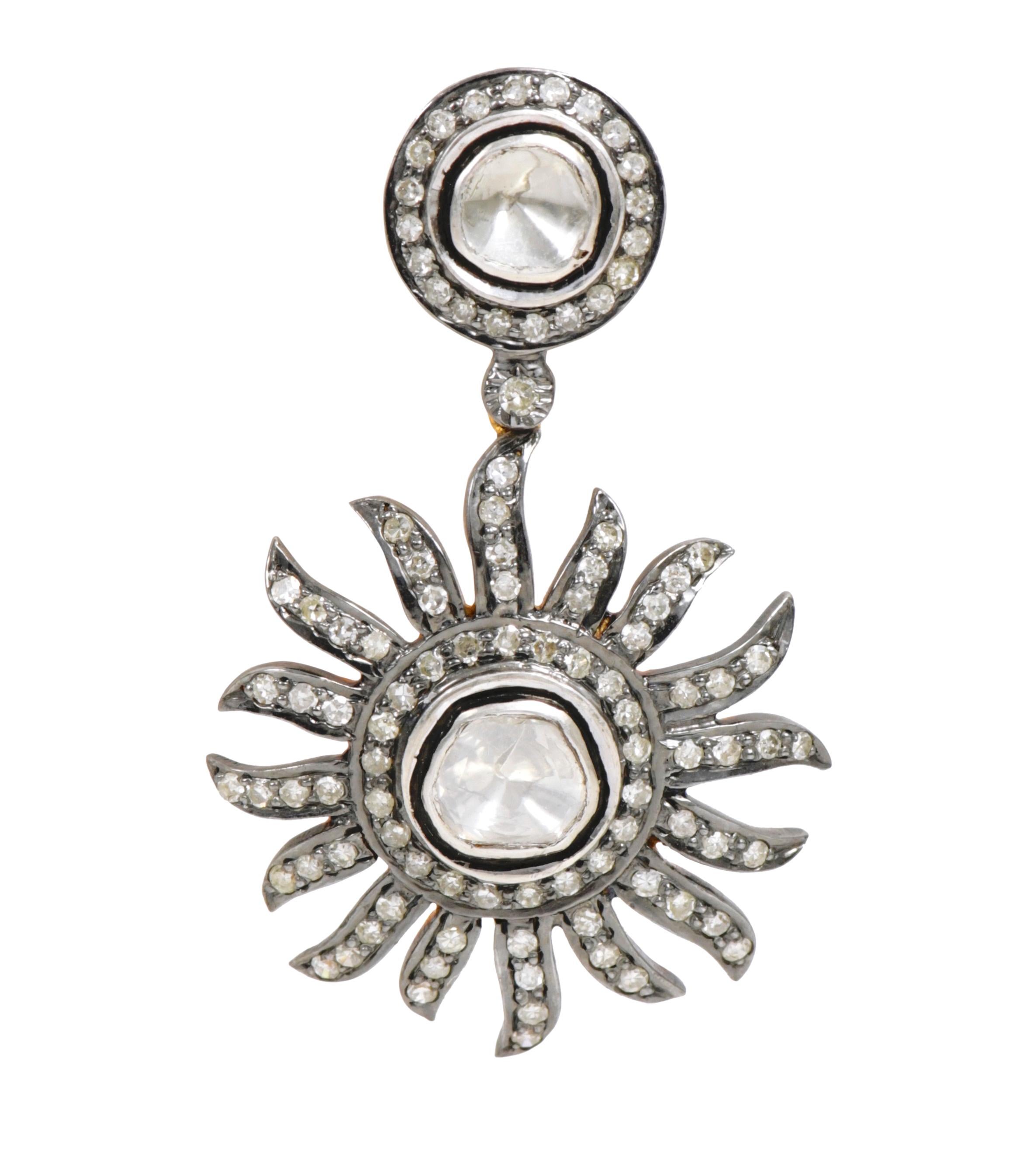 2.28 Carat Diamond Sunburst Dangle Earrings in Art-Deco Style In New Condition For Sale In Jaipur, IN