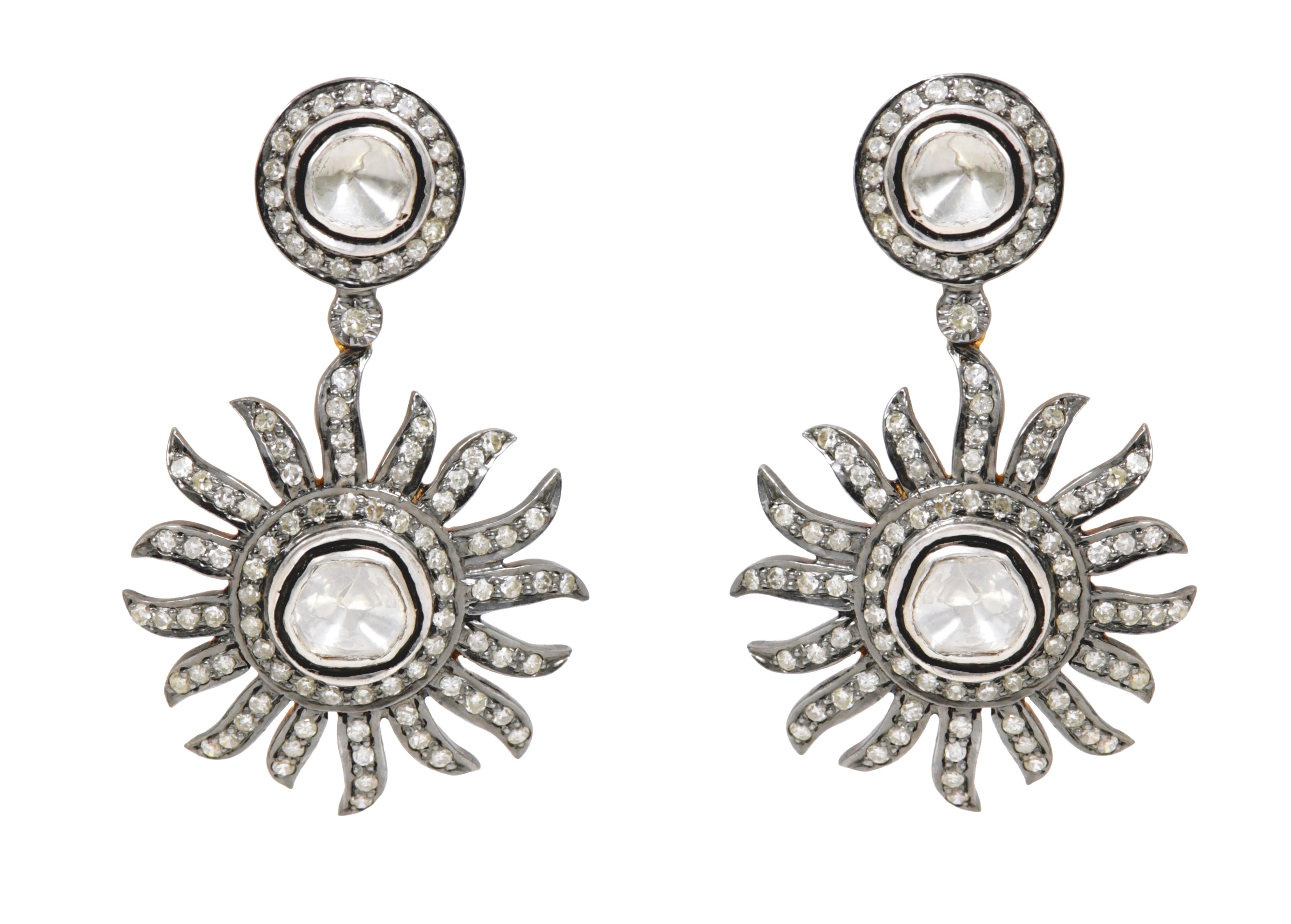 Women's 2.28 Carat Diamond Sunburst Dangle Earrings in Art-Deco Style For Sale