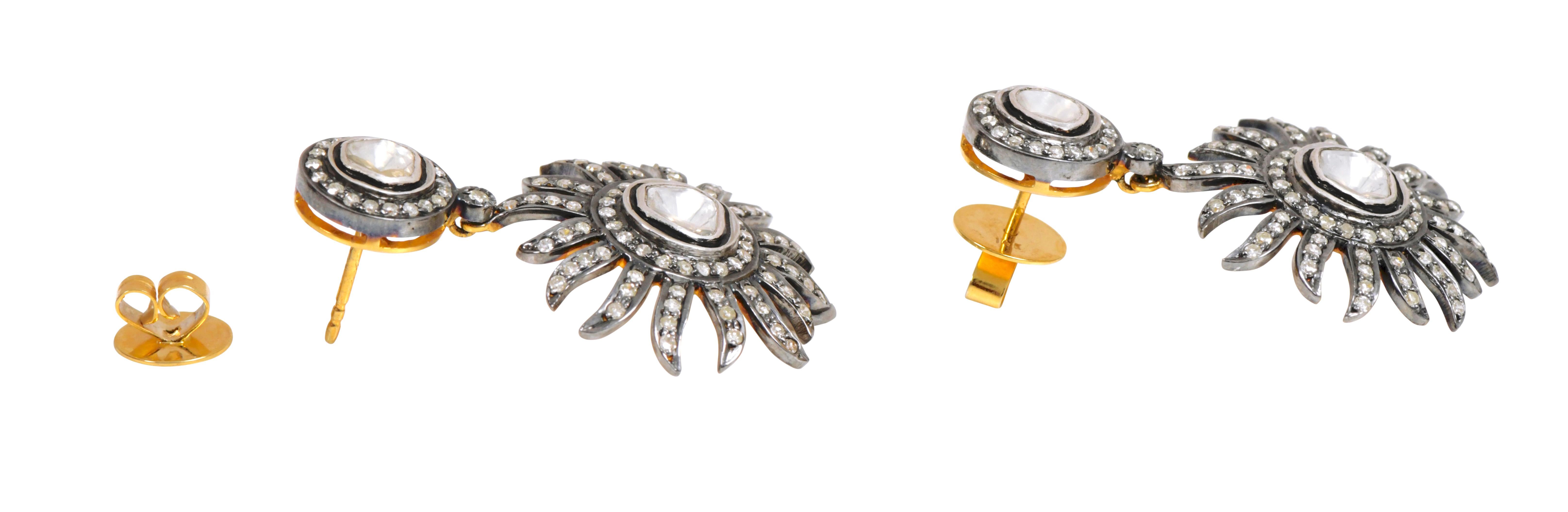 2.28 Carat Diamond Sunburst Dangle Earrings in Art-Deco Style For Sale 2