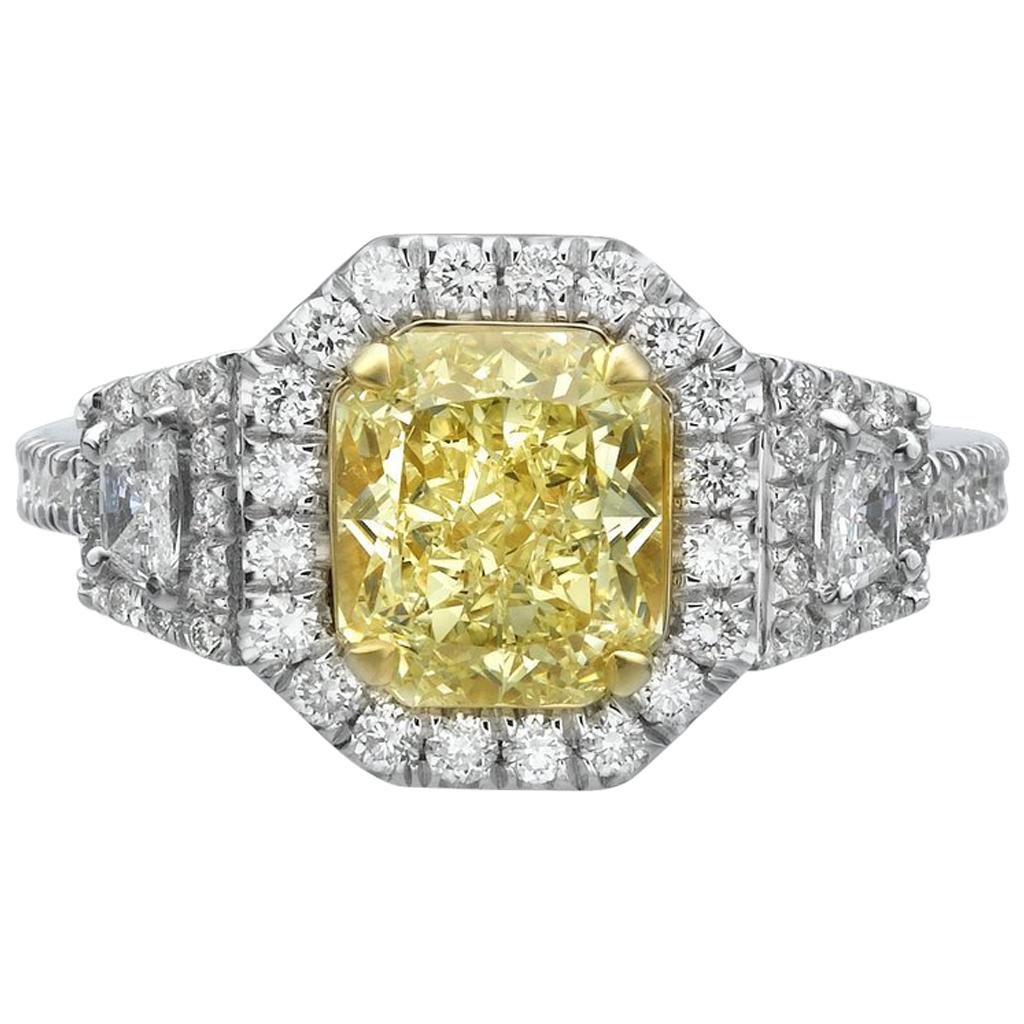 2.28 Carat Fancy Yellow Radiant Cut Diamond Engagement Ring For Sale