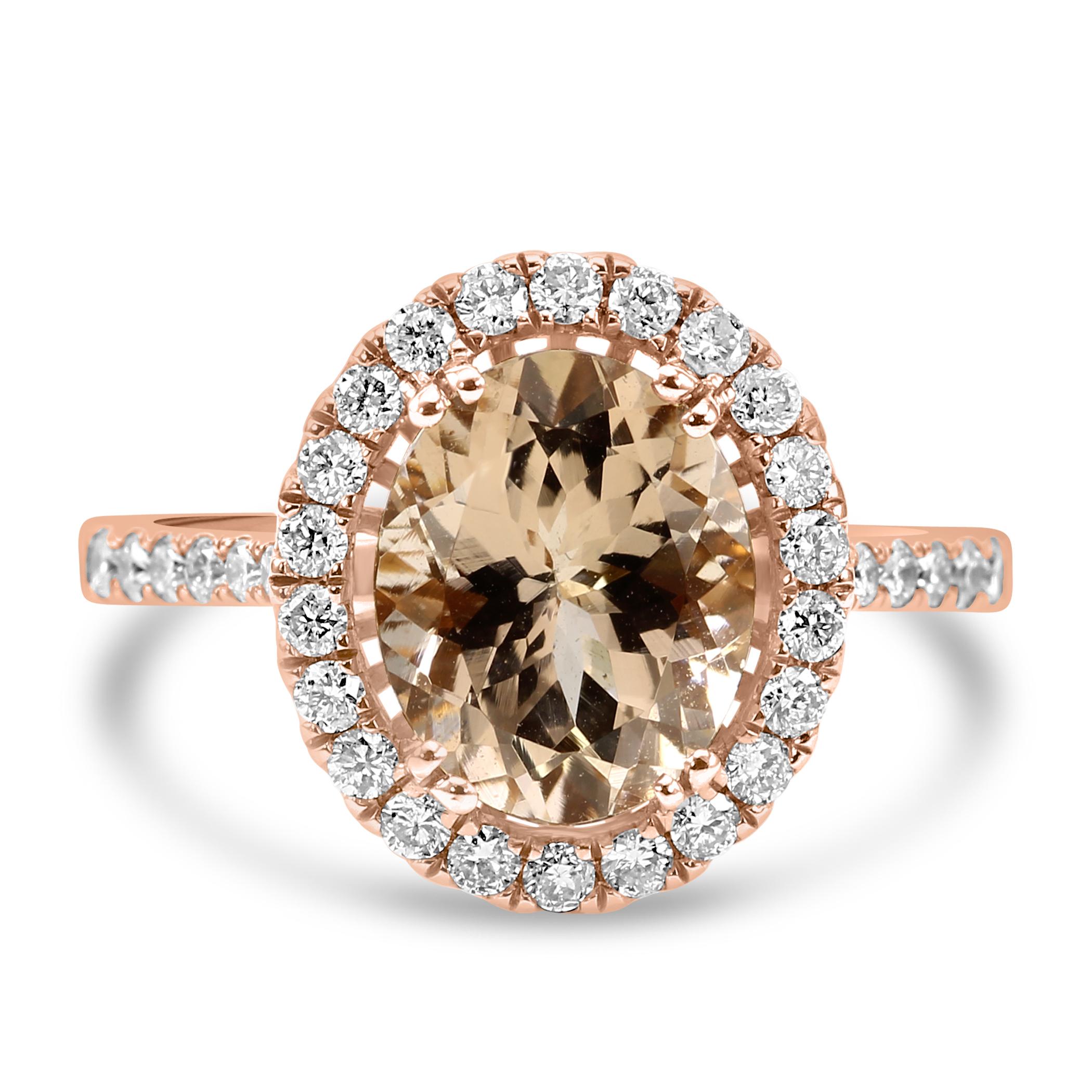The centerpiece of this enchanting ring is the Morganite, selected for its exquisite peachy-pink hue and size. Morganite is the known as the stone for love and tenderness, weighing 2.28 carats, this Morganite captures the essence of a romantic