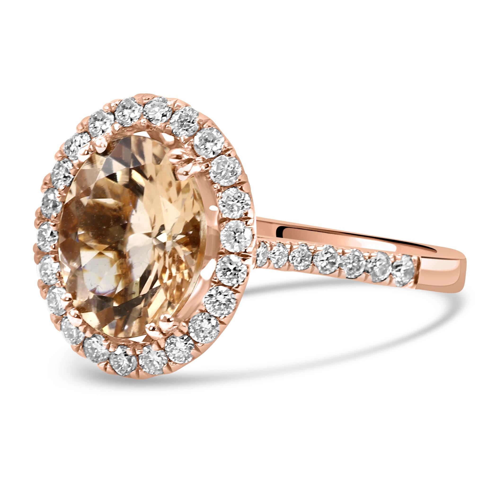 Modern 2.28 Carat Morganite White Diamond Round 14 Karat Rose Gold Engagement Ring For Sale