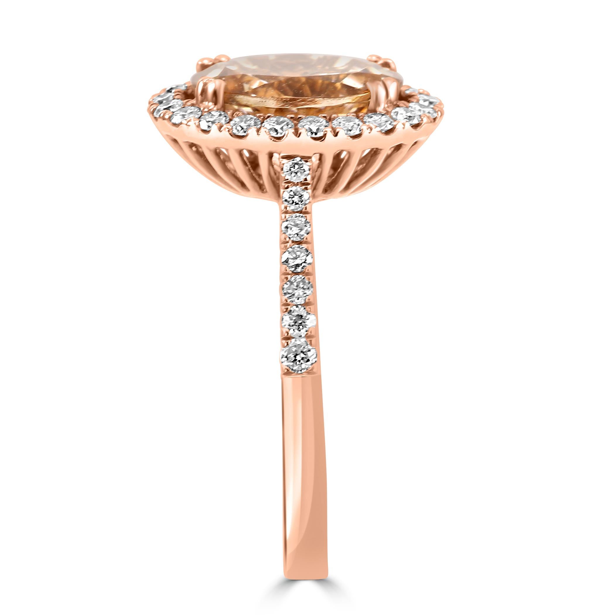 Oval Cut 2.28 Carat Morganite White Diamond Round 14 Karat Rose Gold Engagement Ring For Sale