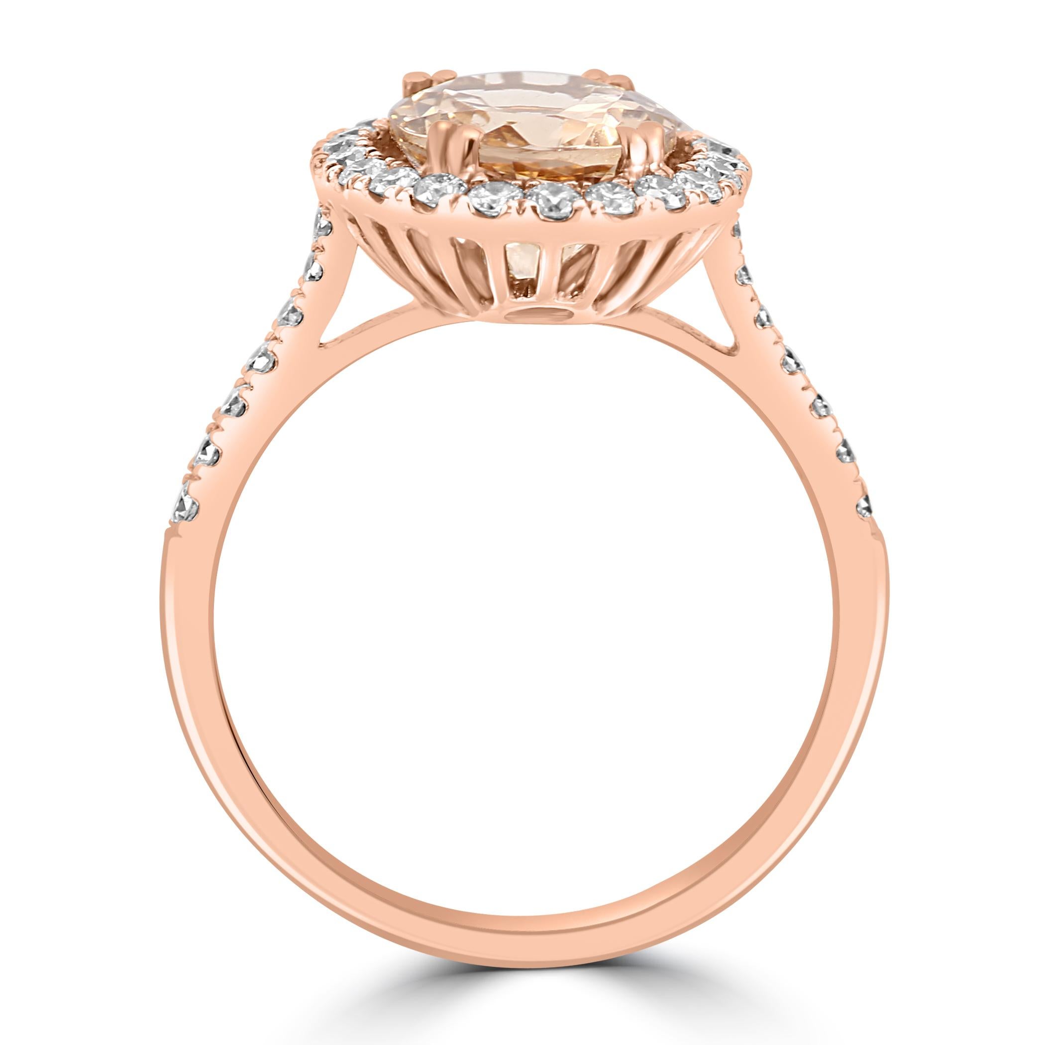 Women's or Men's 2.28 Carat Morganite White Diamond Round 14 Karat Rose Gold Engagement Ring For Sale